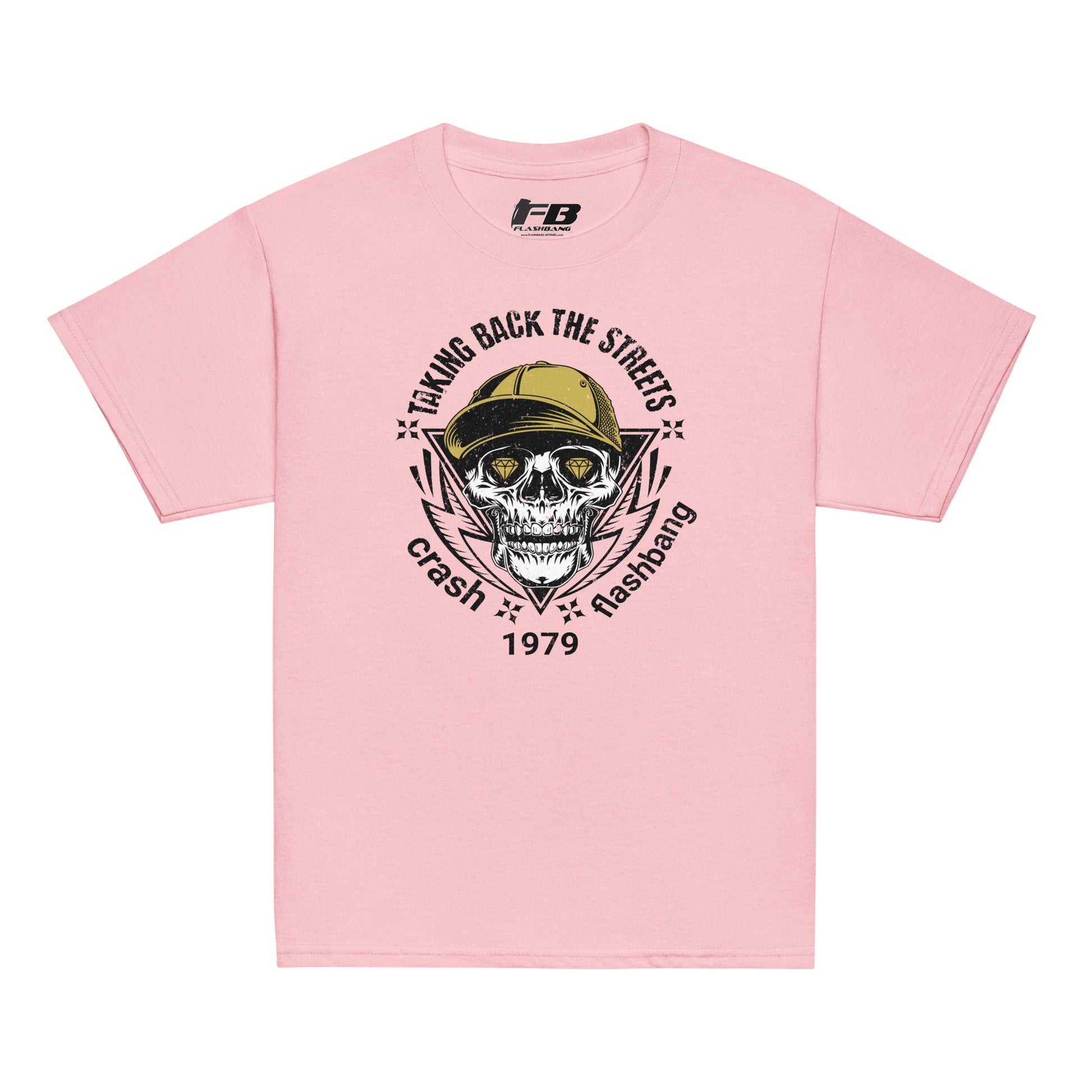 Pink t-shirt with skull and text design on a white background