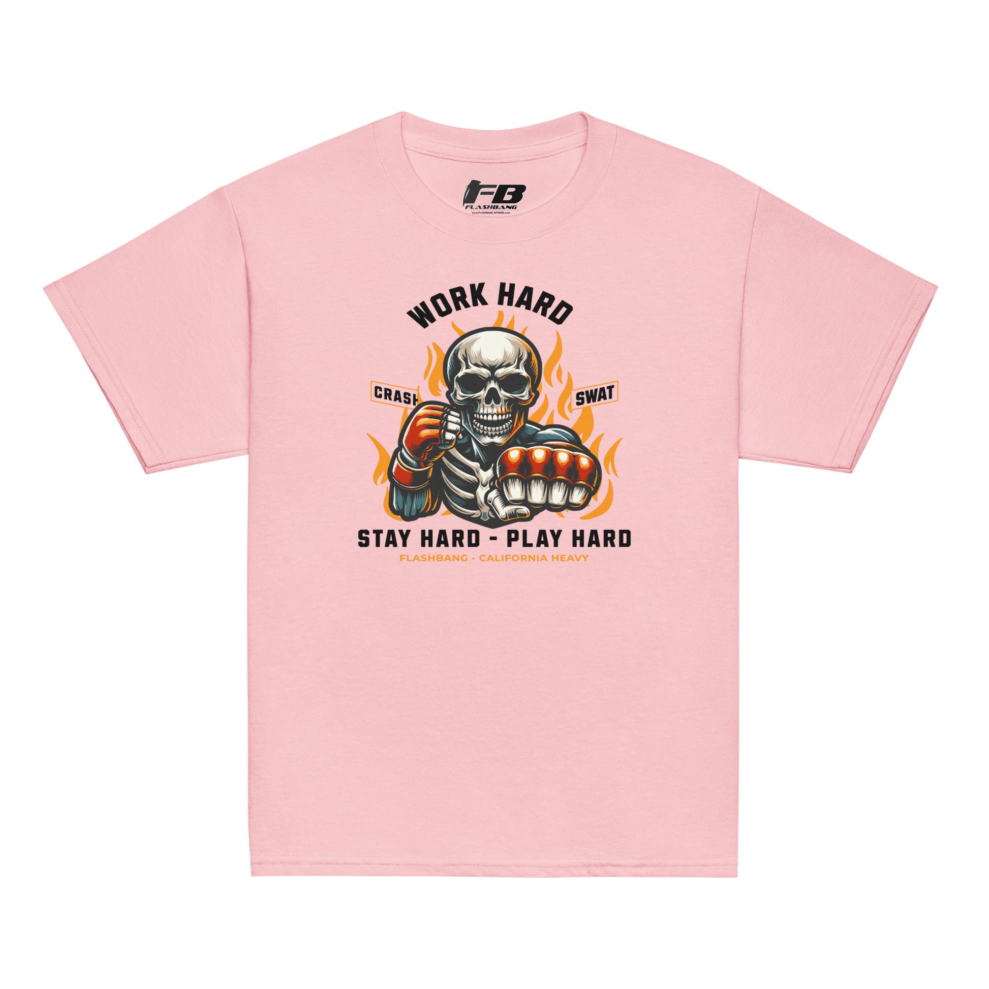 Pink t-shirt with a graphic design featuring a skeleton and text on a white background