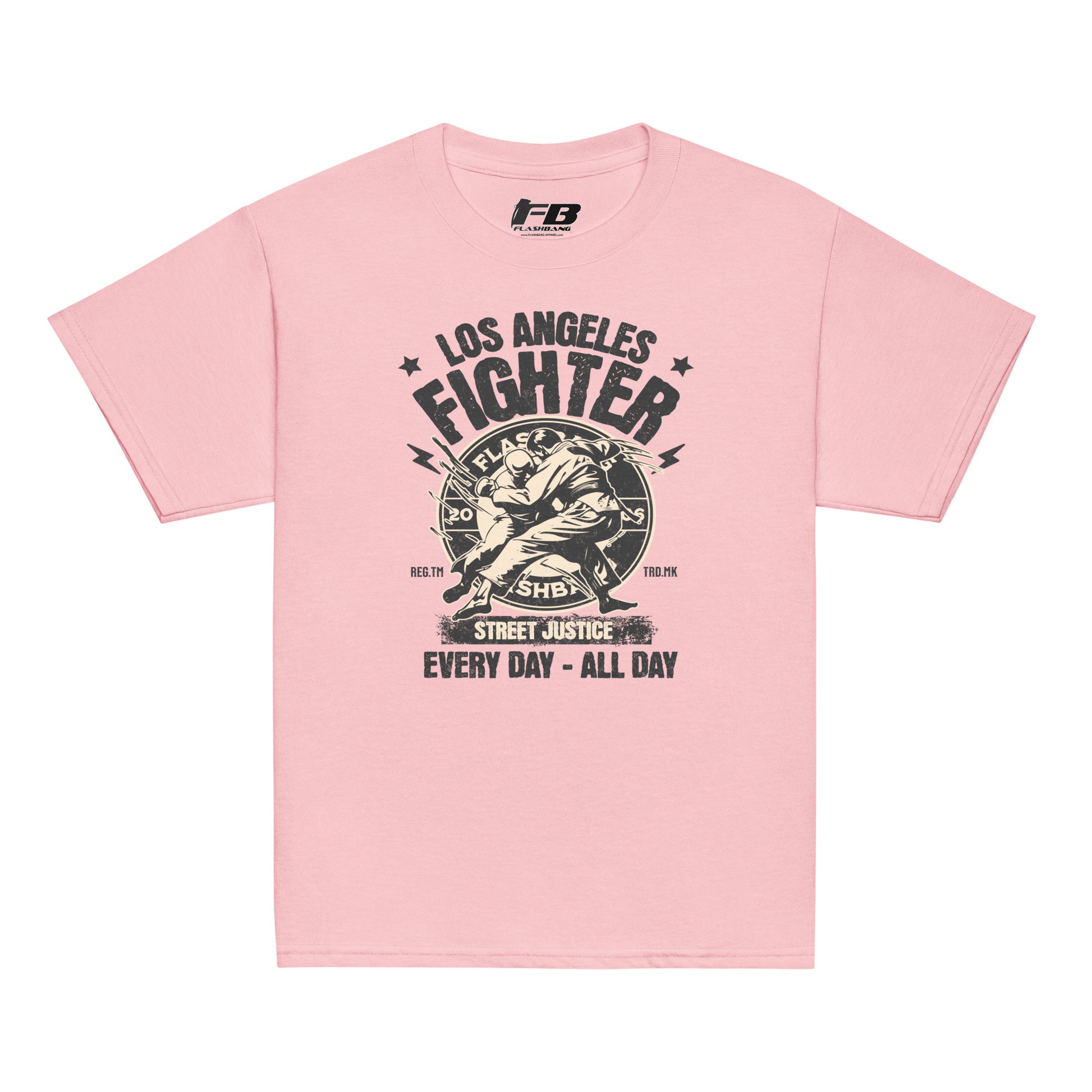 Pink t-shirt with 'Los Angeles Fighter' graphic design on a white background