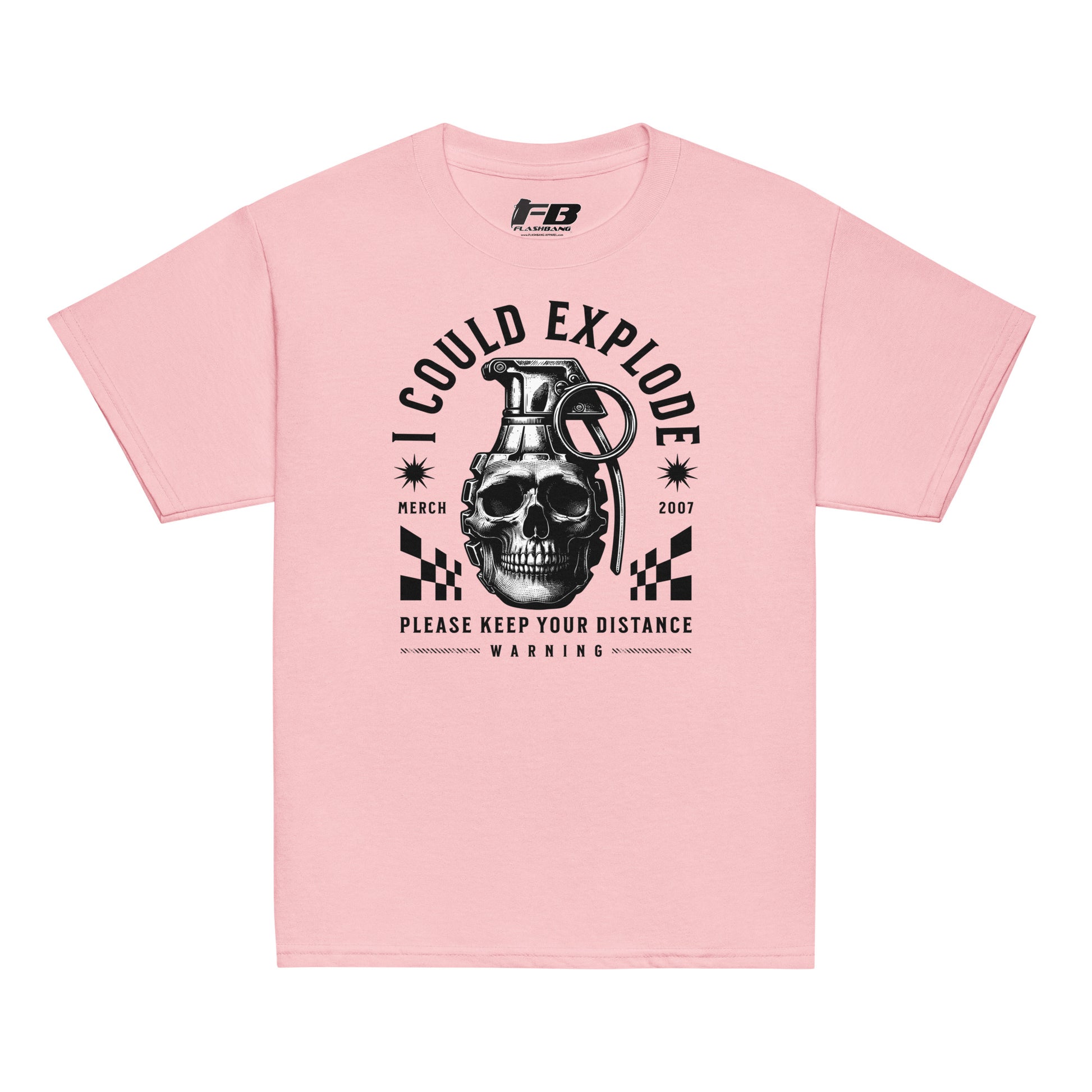Pink t-shirt with a graphic design featuring a skull and grenade on a white background