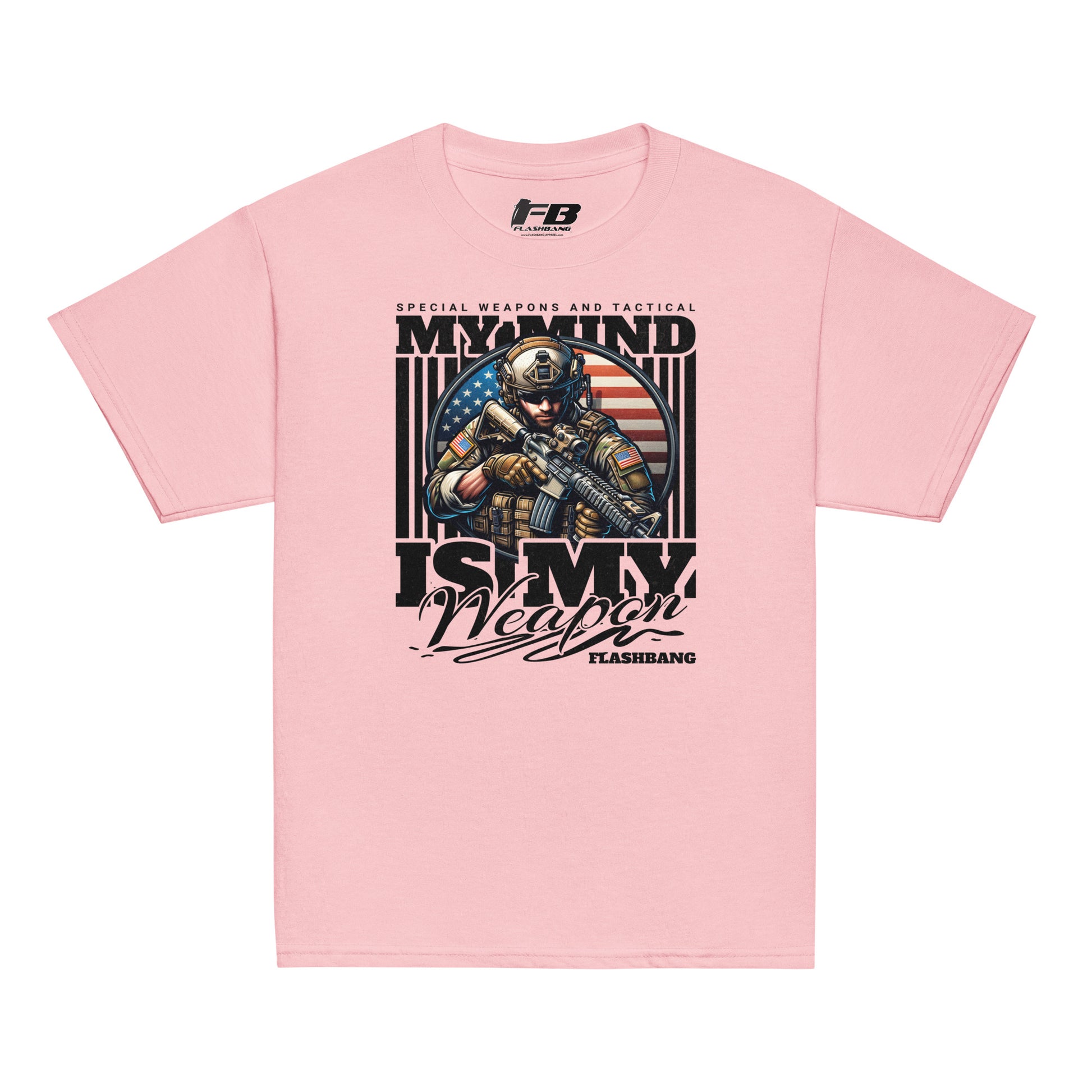 Pink t-shirt with graphic design and text on a white background
