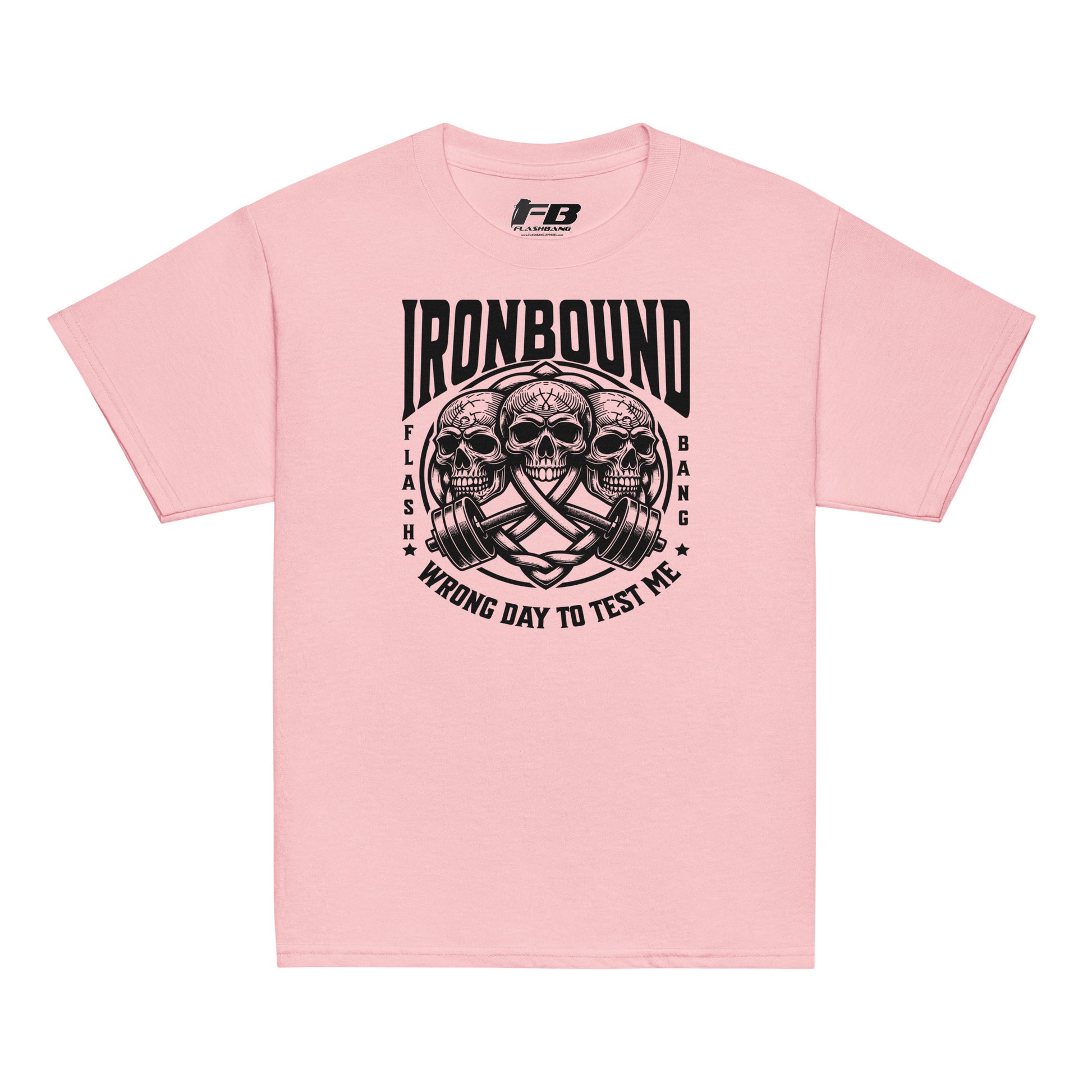 Pink t-shirt with black graphic design and text on a white background