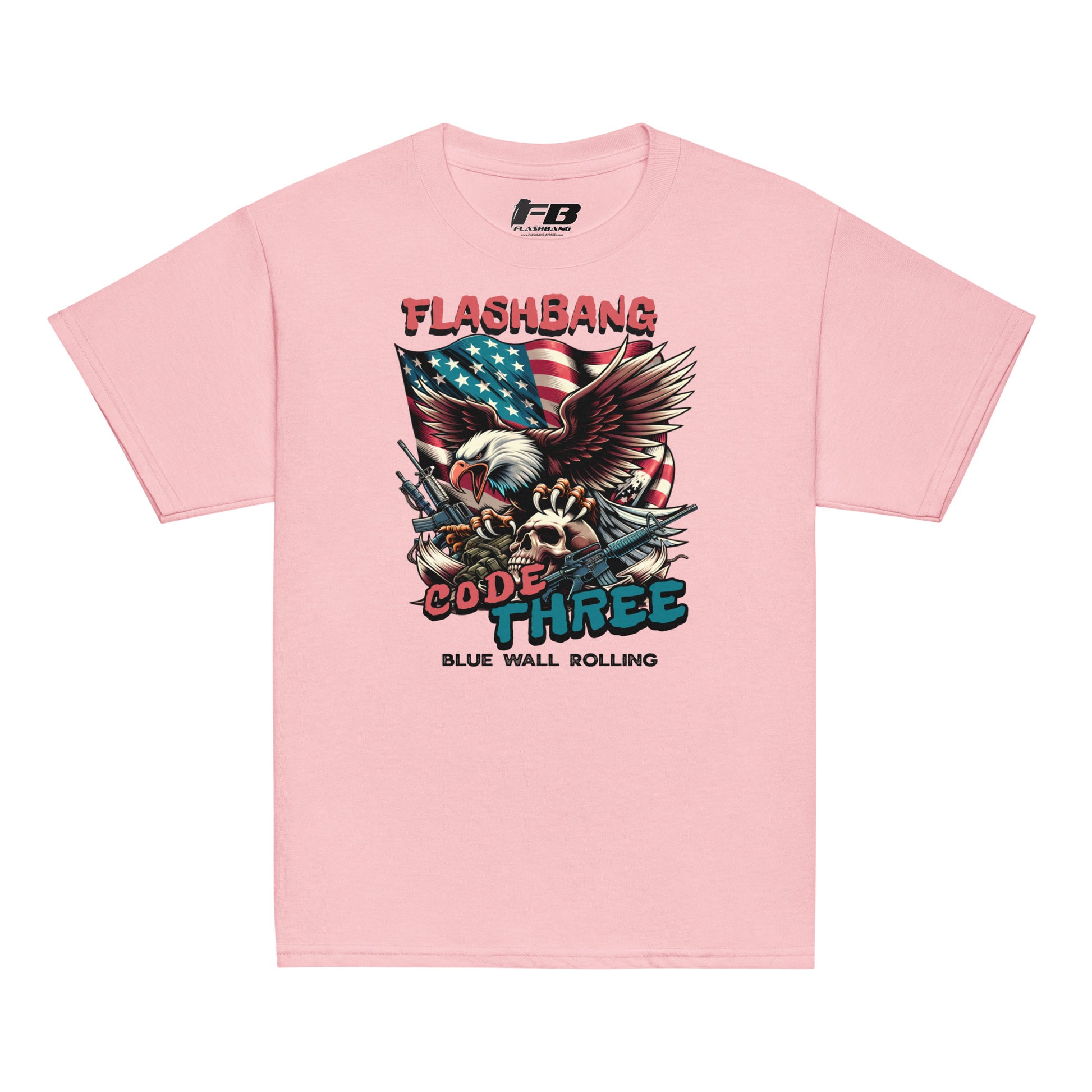 Pink t-shirt with graphic design featuring an eagle, American flag, and text on a white background