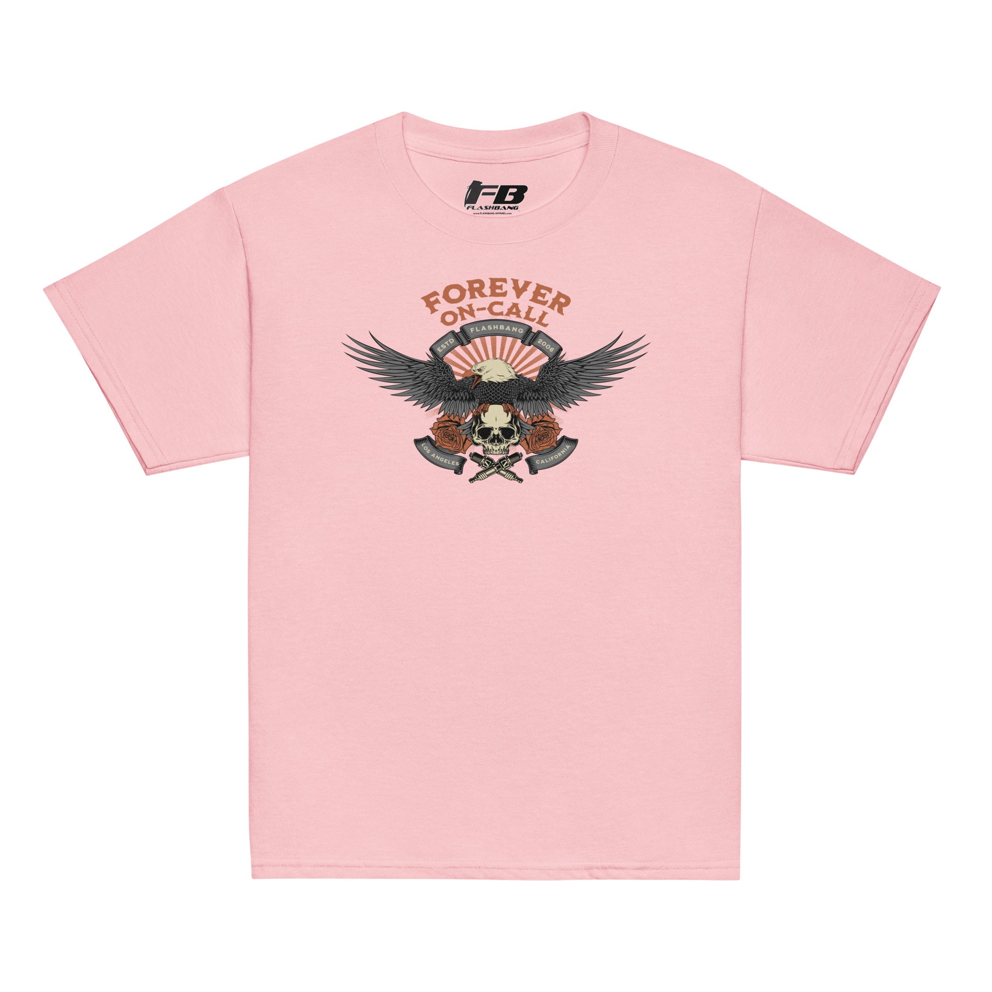 Pink t-shirt with graphic design and text on a white background