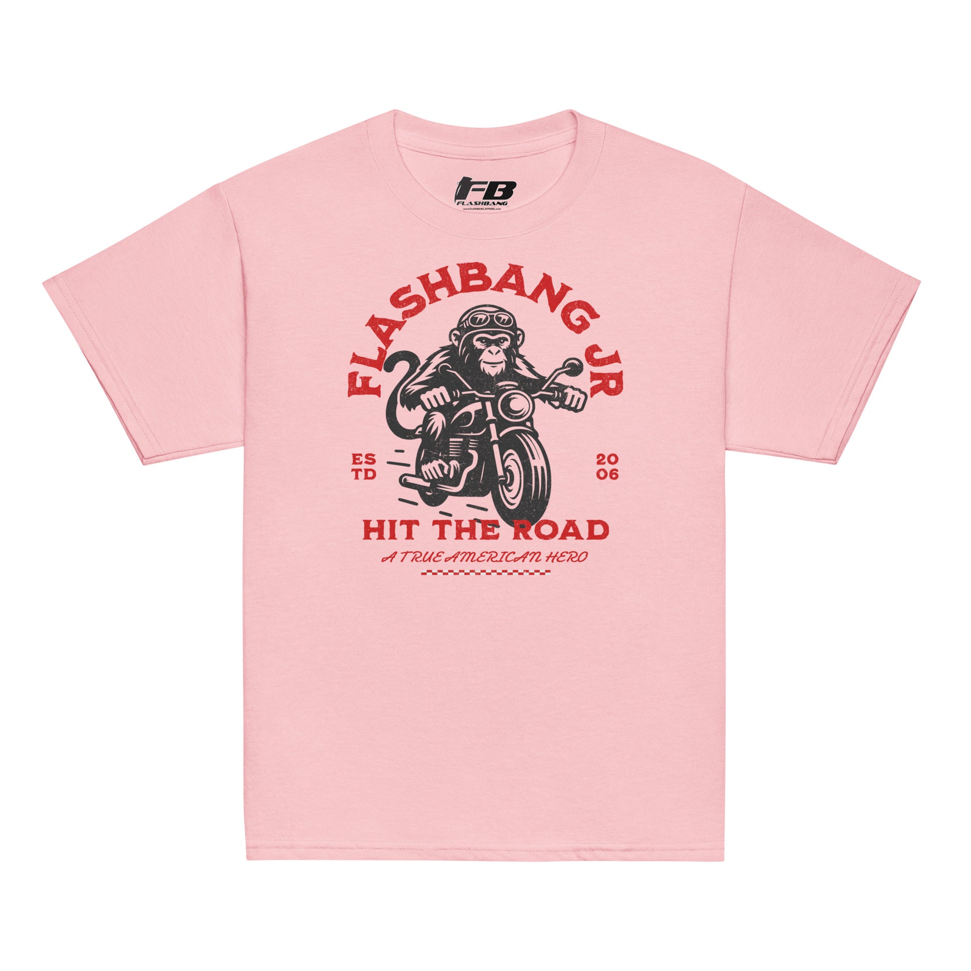 Pink t-shirt with monkey on a motorcycle graphic and 'Flashbang Jr' text on a white background
