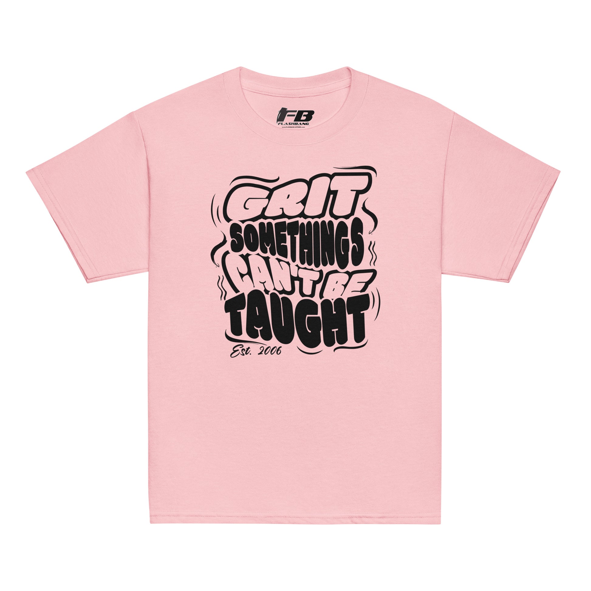 Pink t-shirt with black text and logo on a white background
