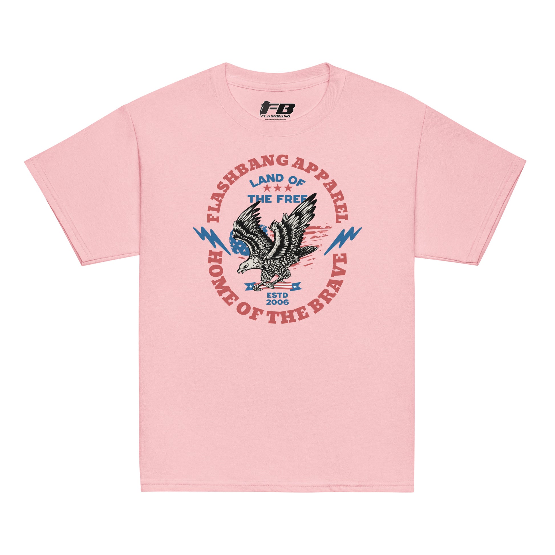 Pink t-shirt with an eagle graphic and text on a white background