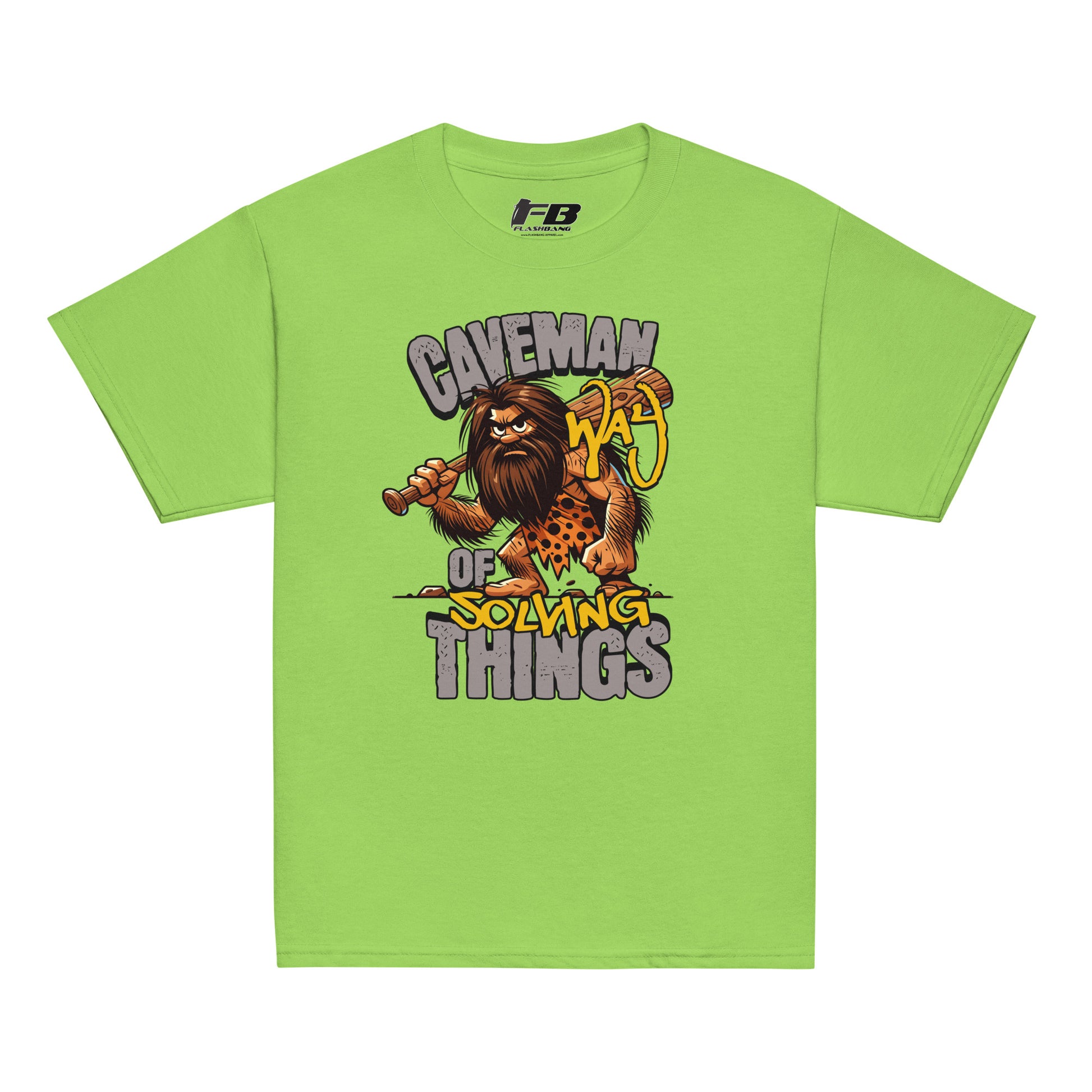 Green t-shirt with a caveman graphic and text on a white background