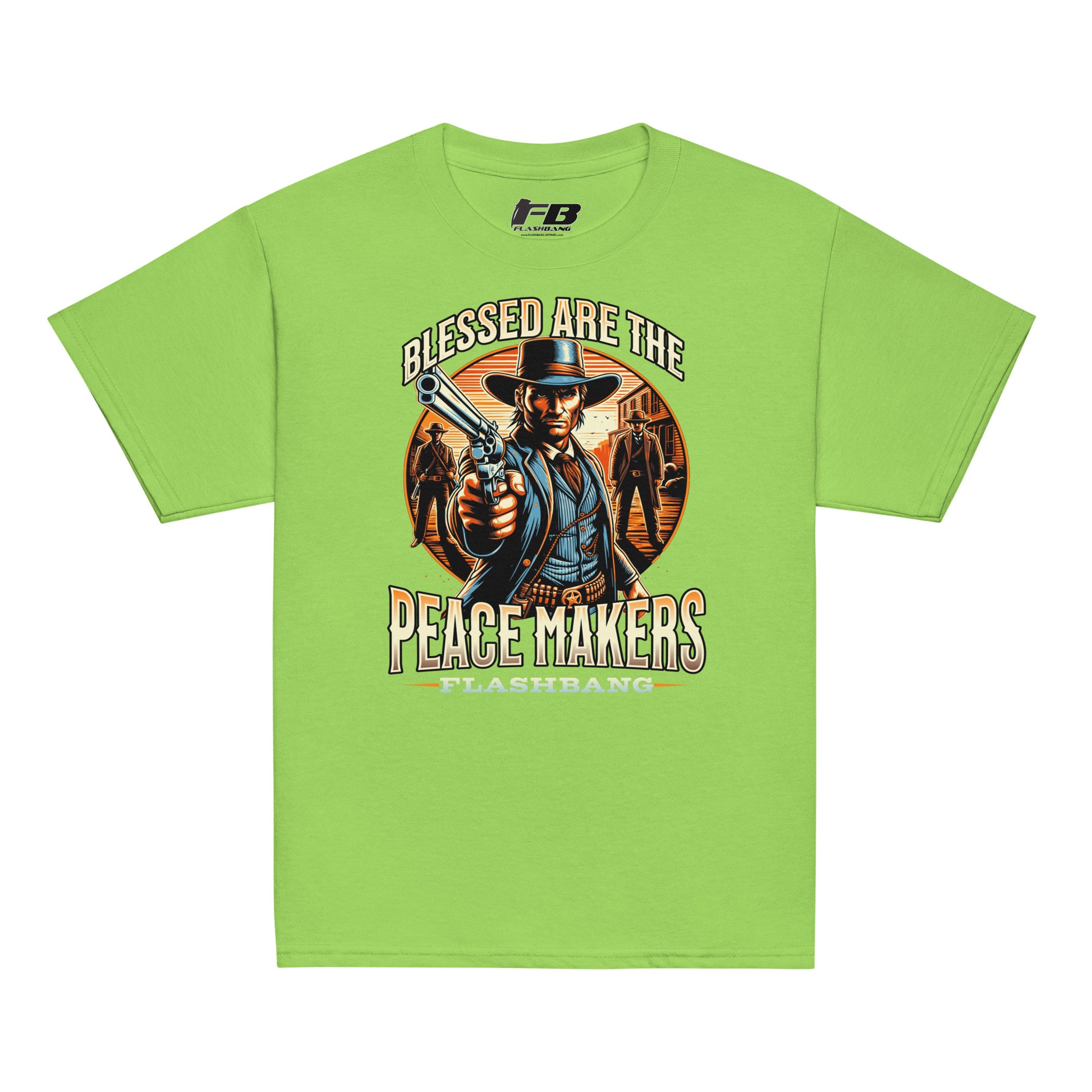 Green t-shirt with a graphic design of a cowboy holding a gun and text 'Blessed are the Peacemakers' on a white background.