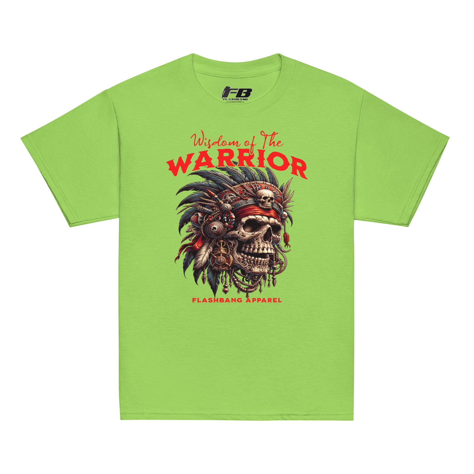 Green t-shirt with a warrior-themed design and 'Flashbang Apparel' branding on a white background.