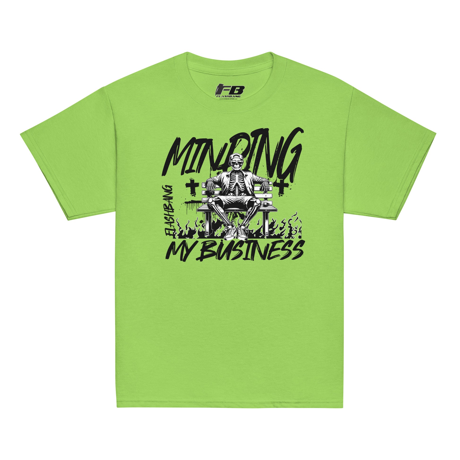 Green t-shirt with black graphic and text on a white background