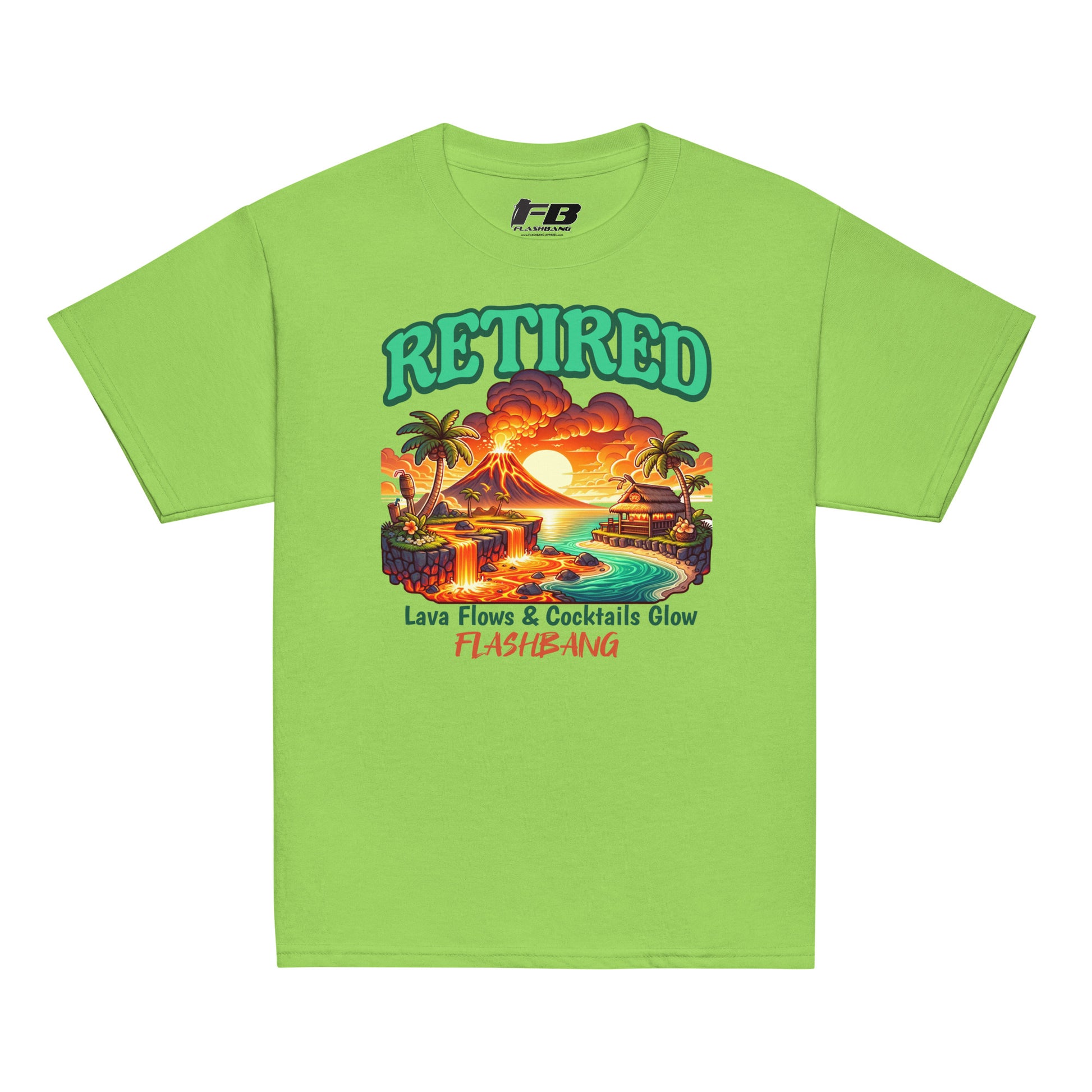 Green t-shirt with a tropical graphic design on a white background