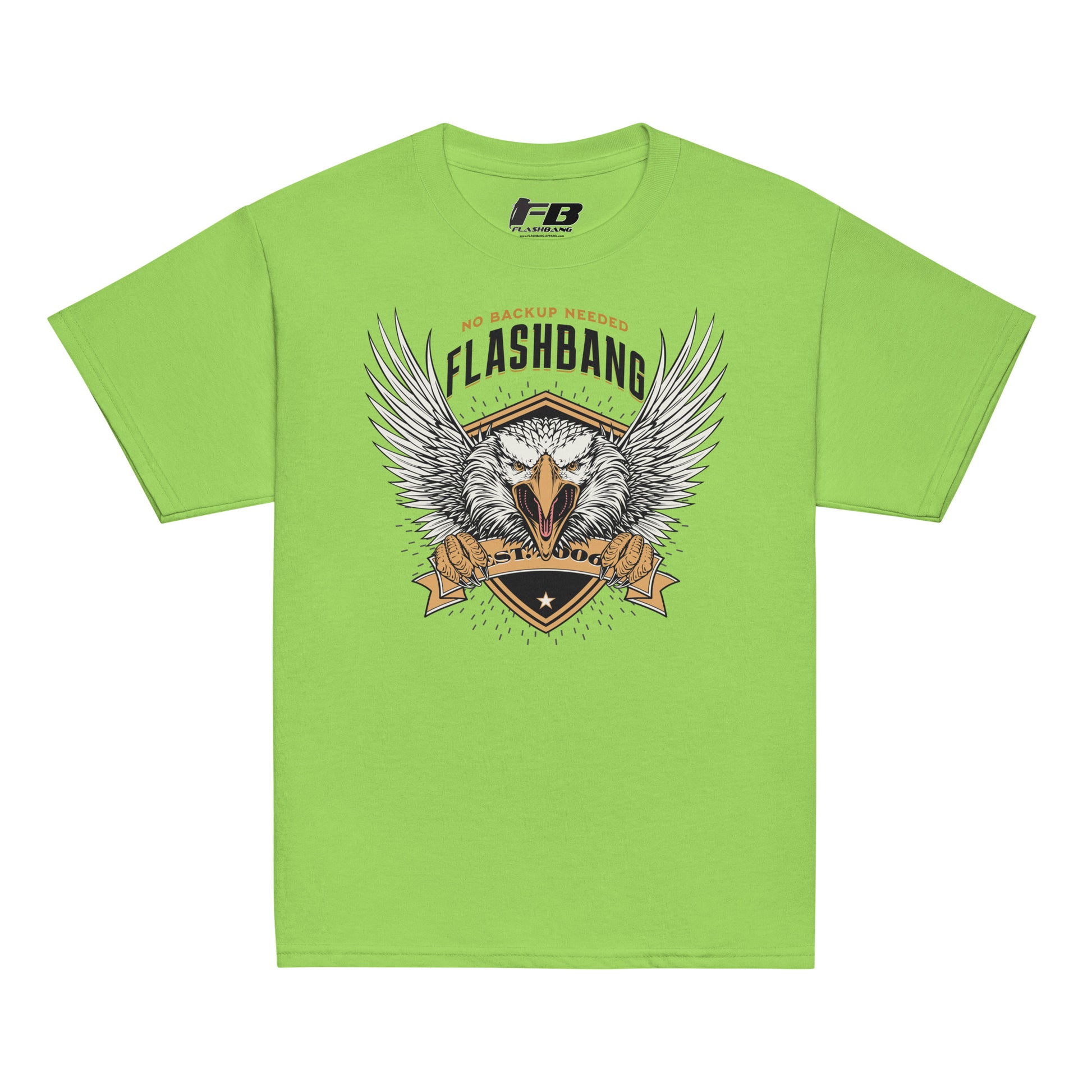 Green t-shirt with 'Flashbang' graphic design featuring an eagle on a white background