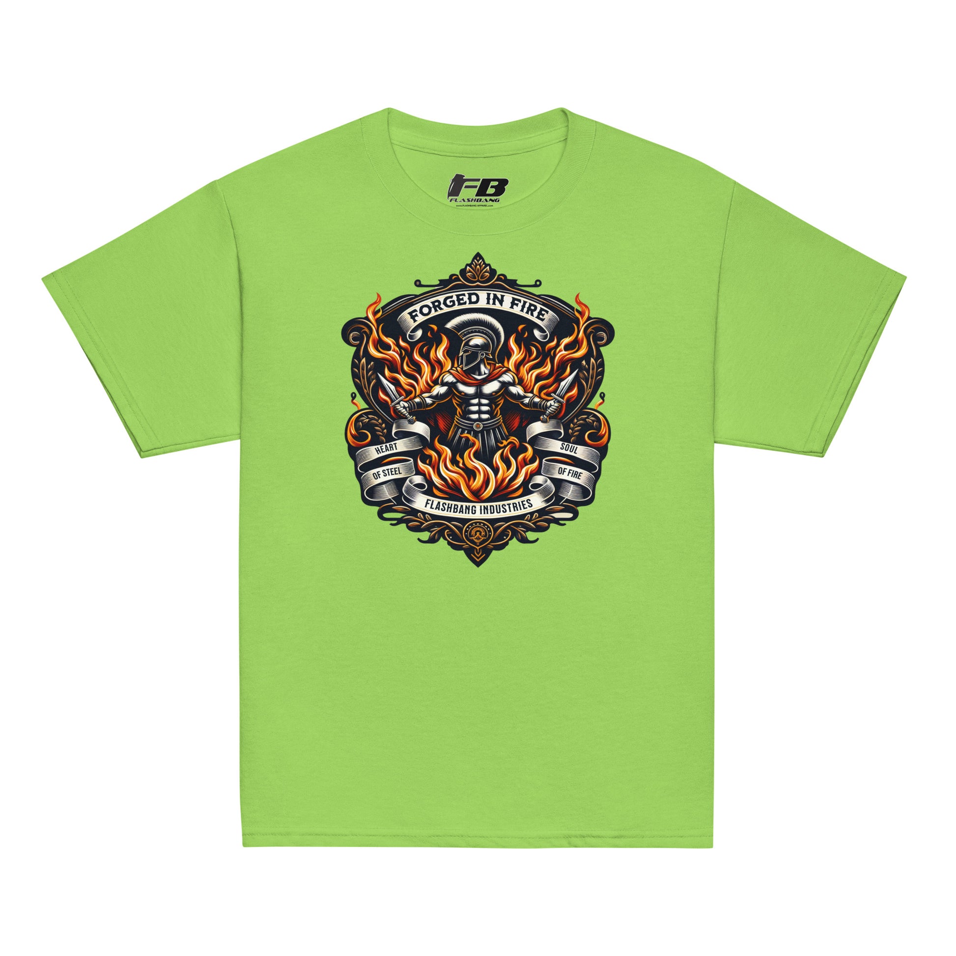 Green t-shirt with a graphic design on a white background