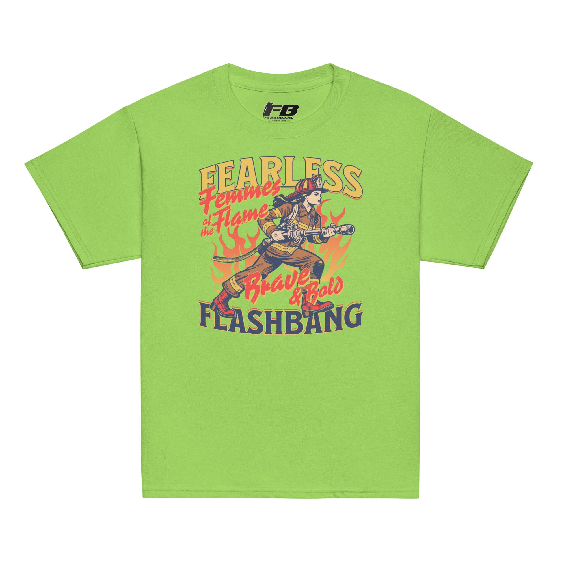 Green t-shirt with graphic design and text on a white background