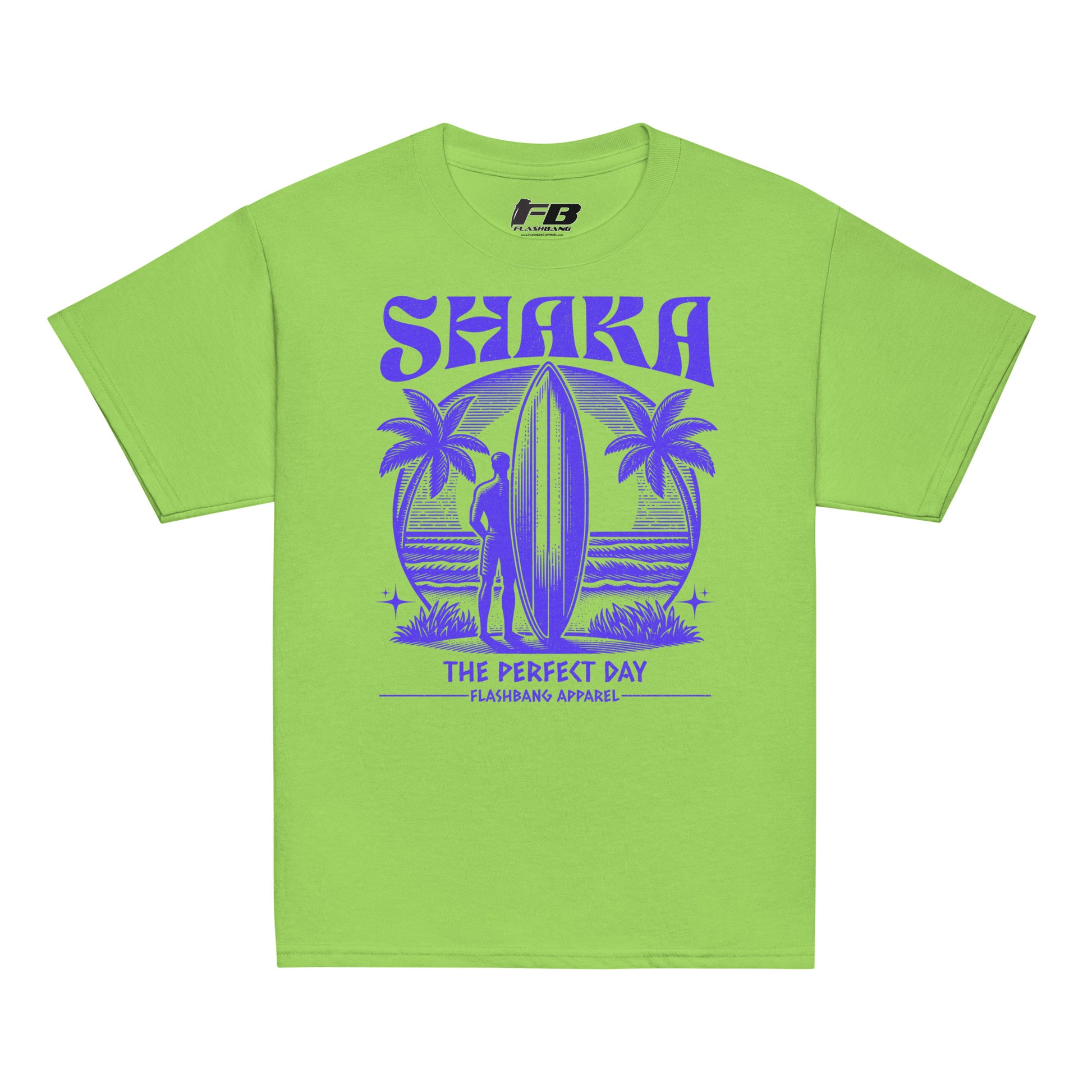 Green t-shirt with blue graphic and text on a white background