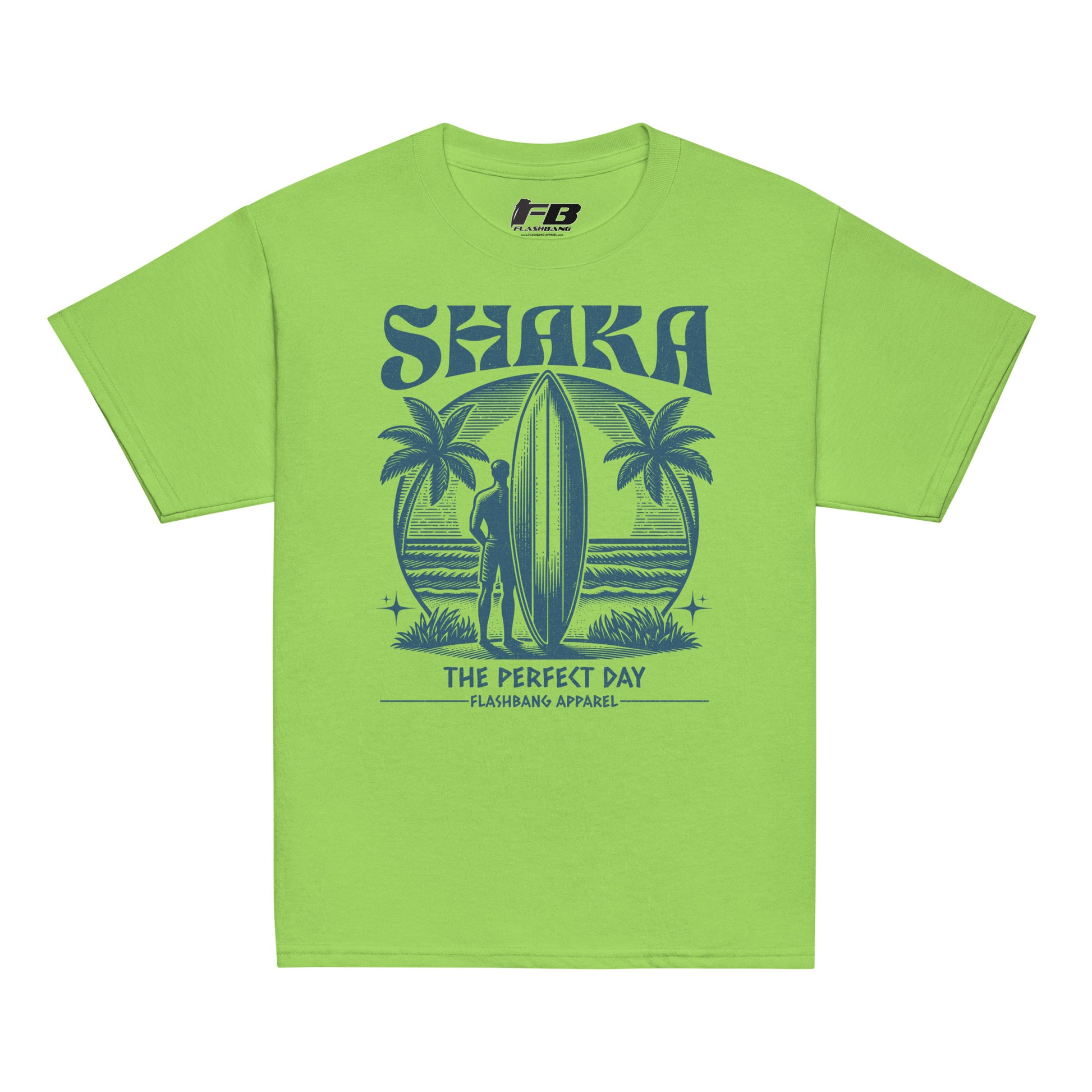 Green t-shirt with a graphic design of a surfer and palm trees on a white background