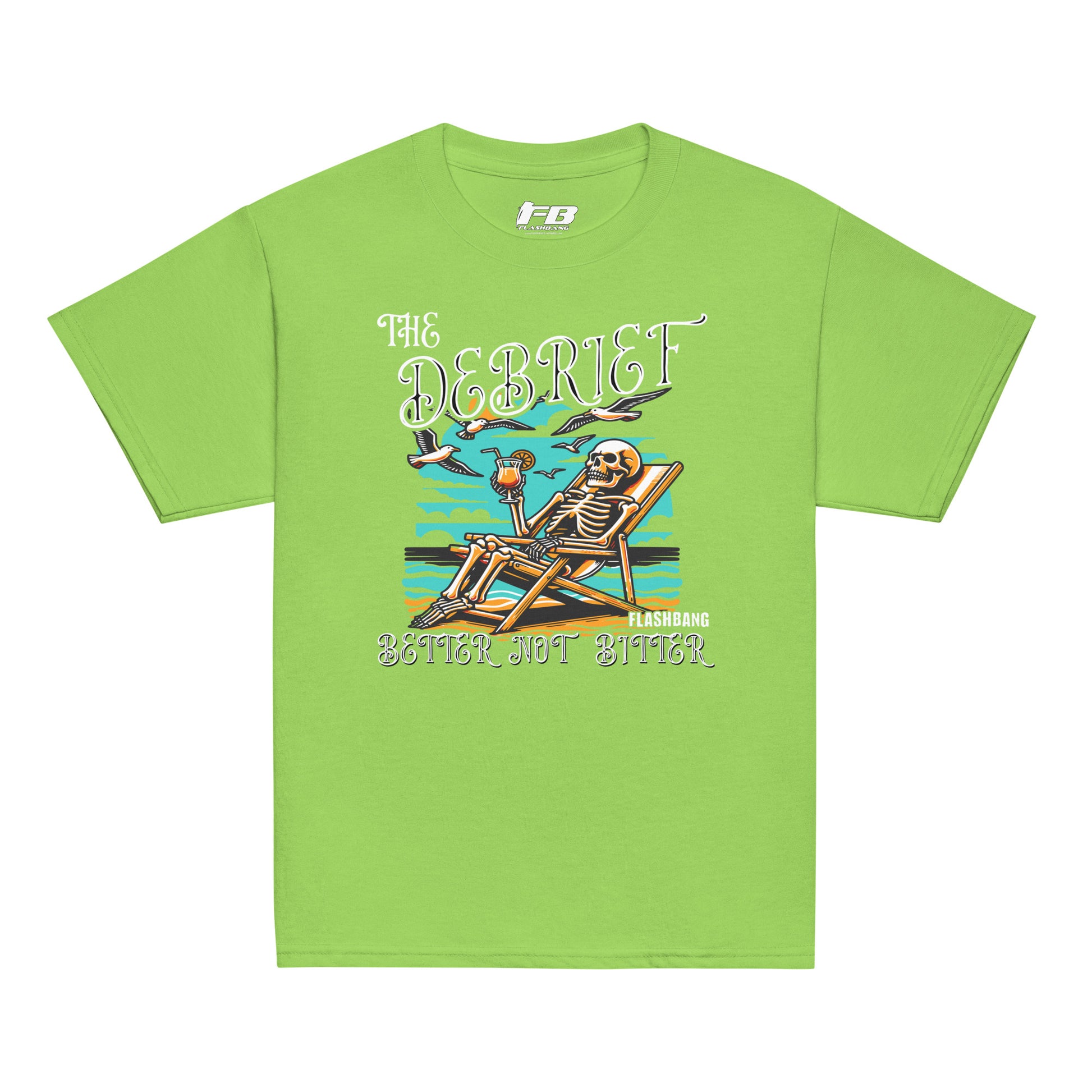 Green t-shirt with a graphic design featuring a skeleton and text on a white background