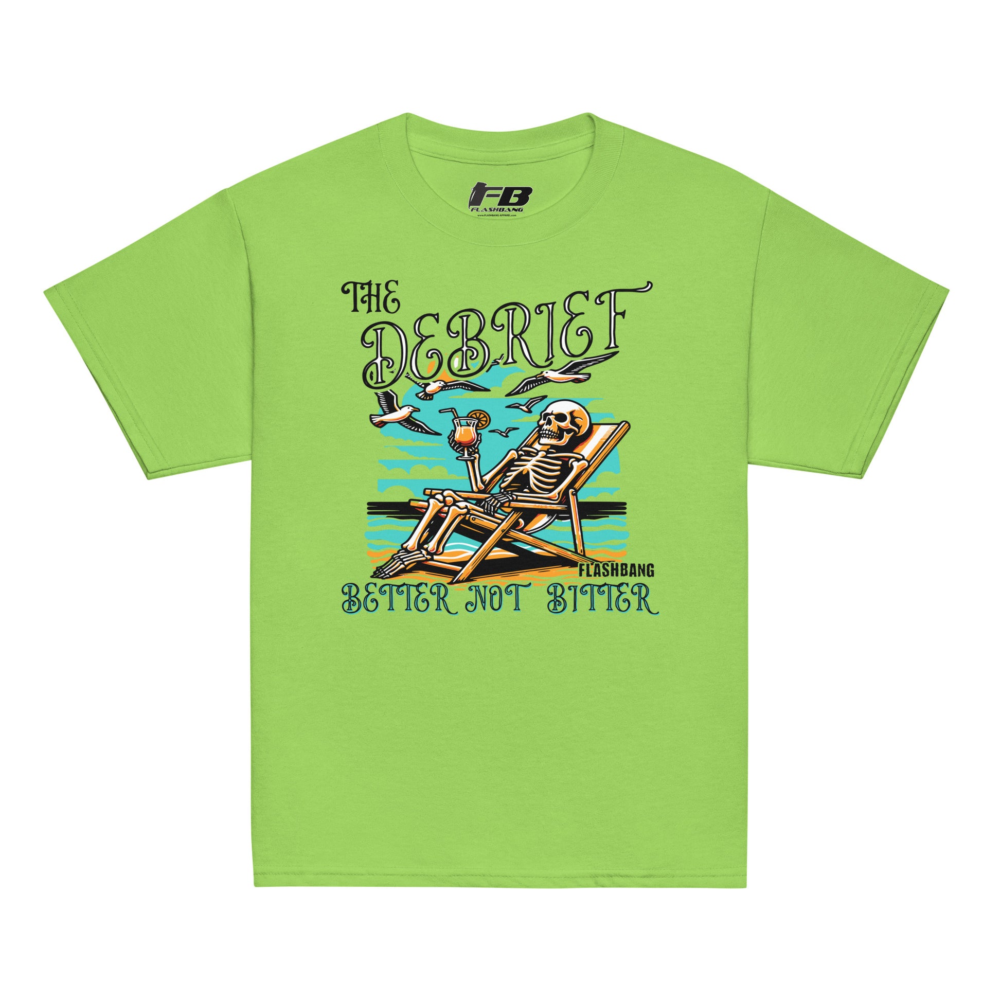 Green t-shirt with a skeleton design and text on a white background