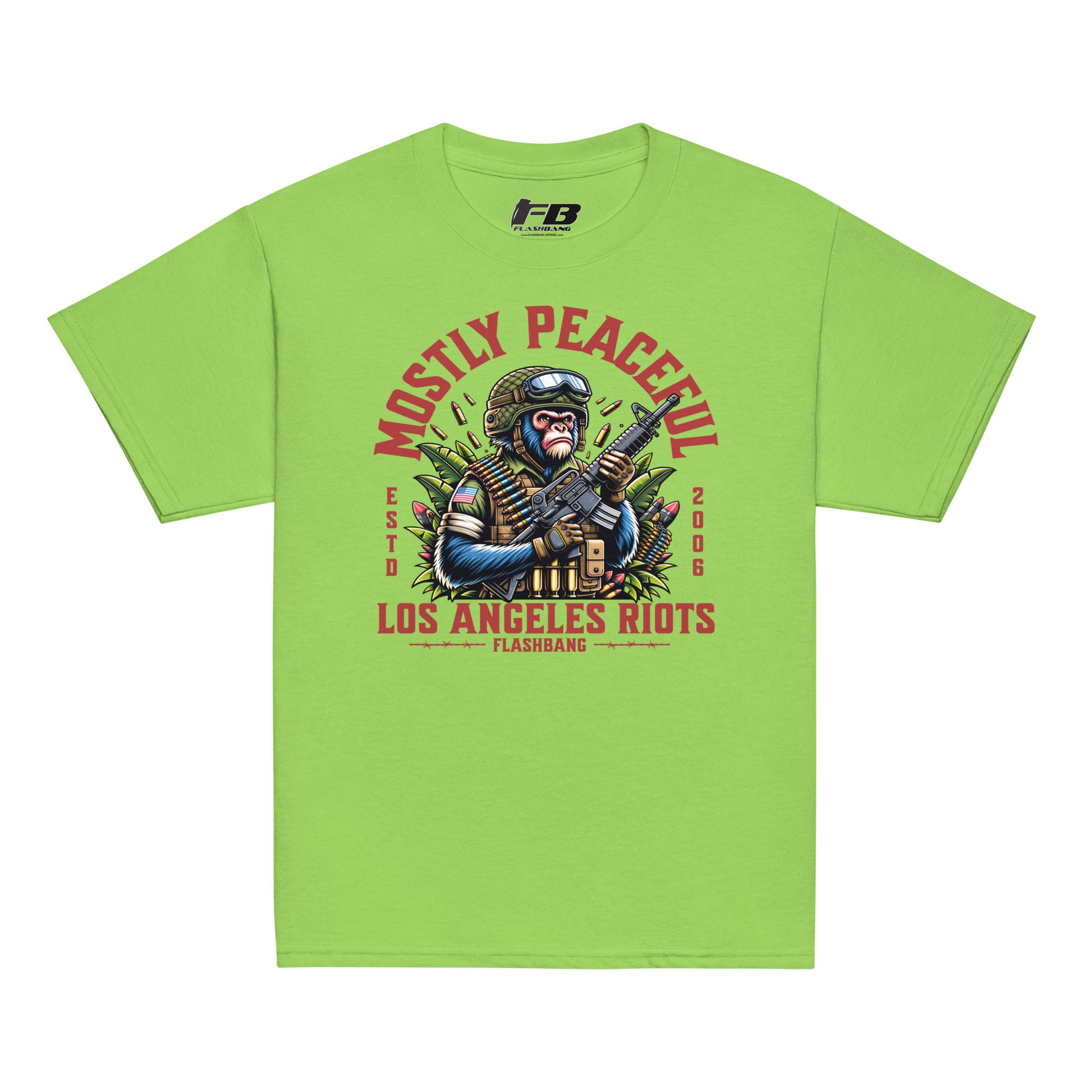 Green t-shirt with graphic design featuring a monkey and text on a white background