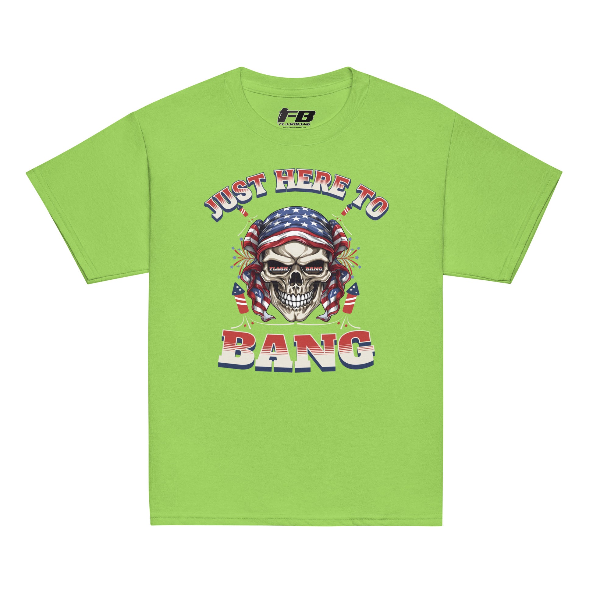 Green t-shirt with a skull graphic and text 'Just Here To Bang' on a white background