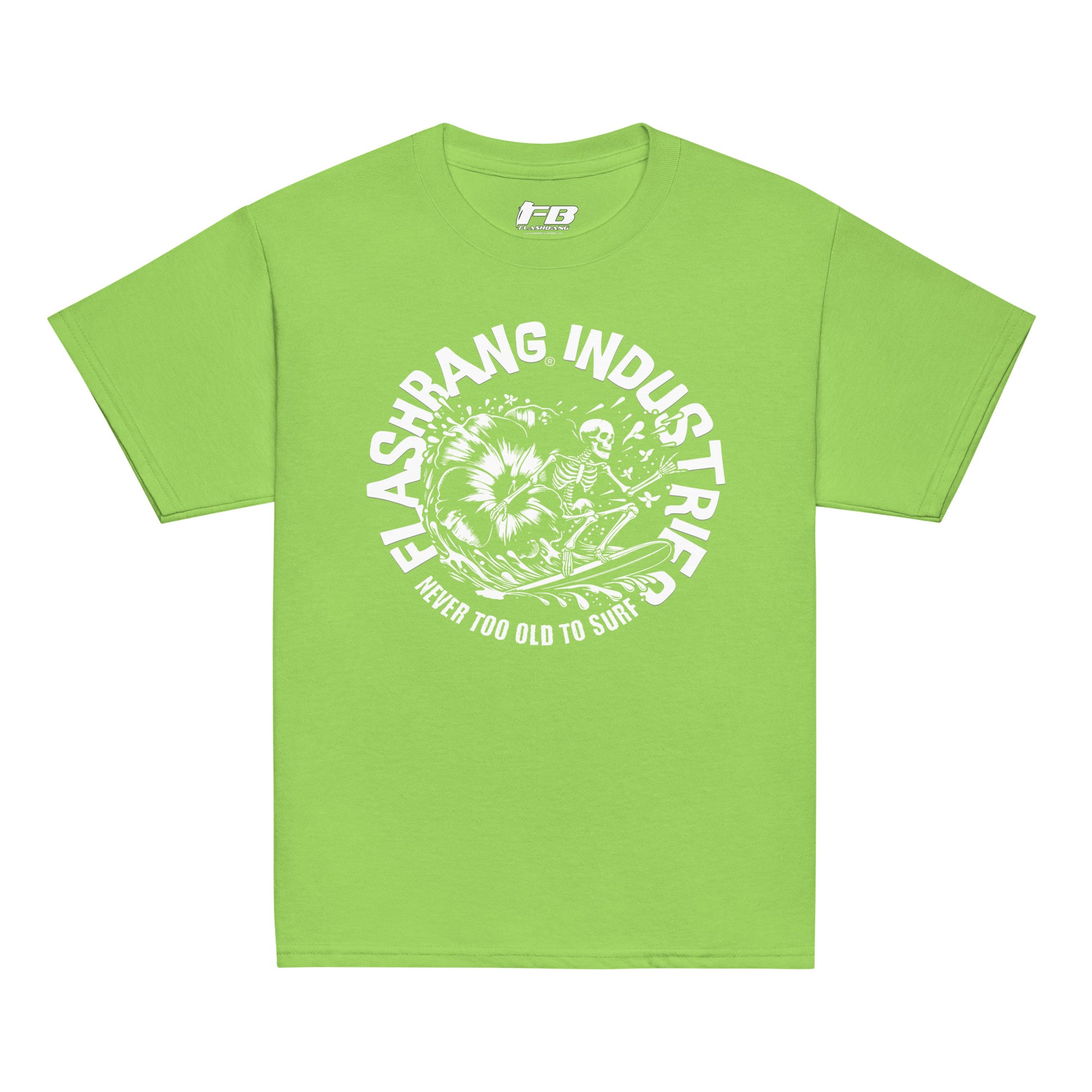 Green t-shirt with white graphic and text on a white background