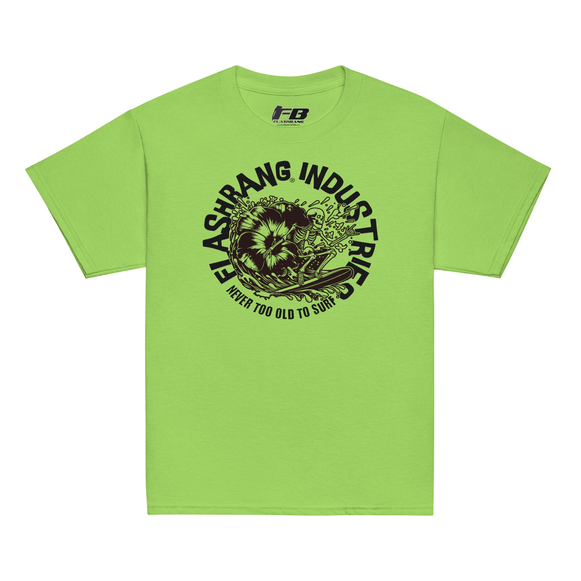 Green t-shirt with black graphic design and text on a white background