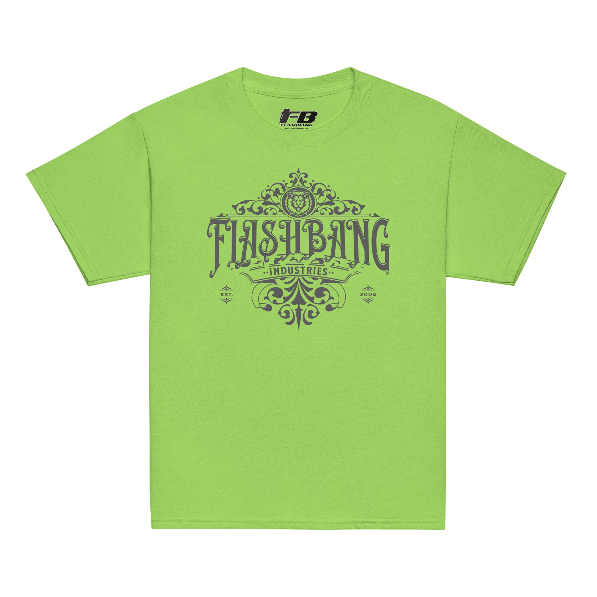 Green t-shirt with 'Flashbang Industries' text and logo on a white background