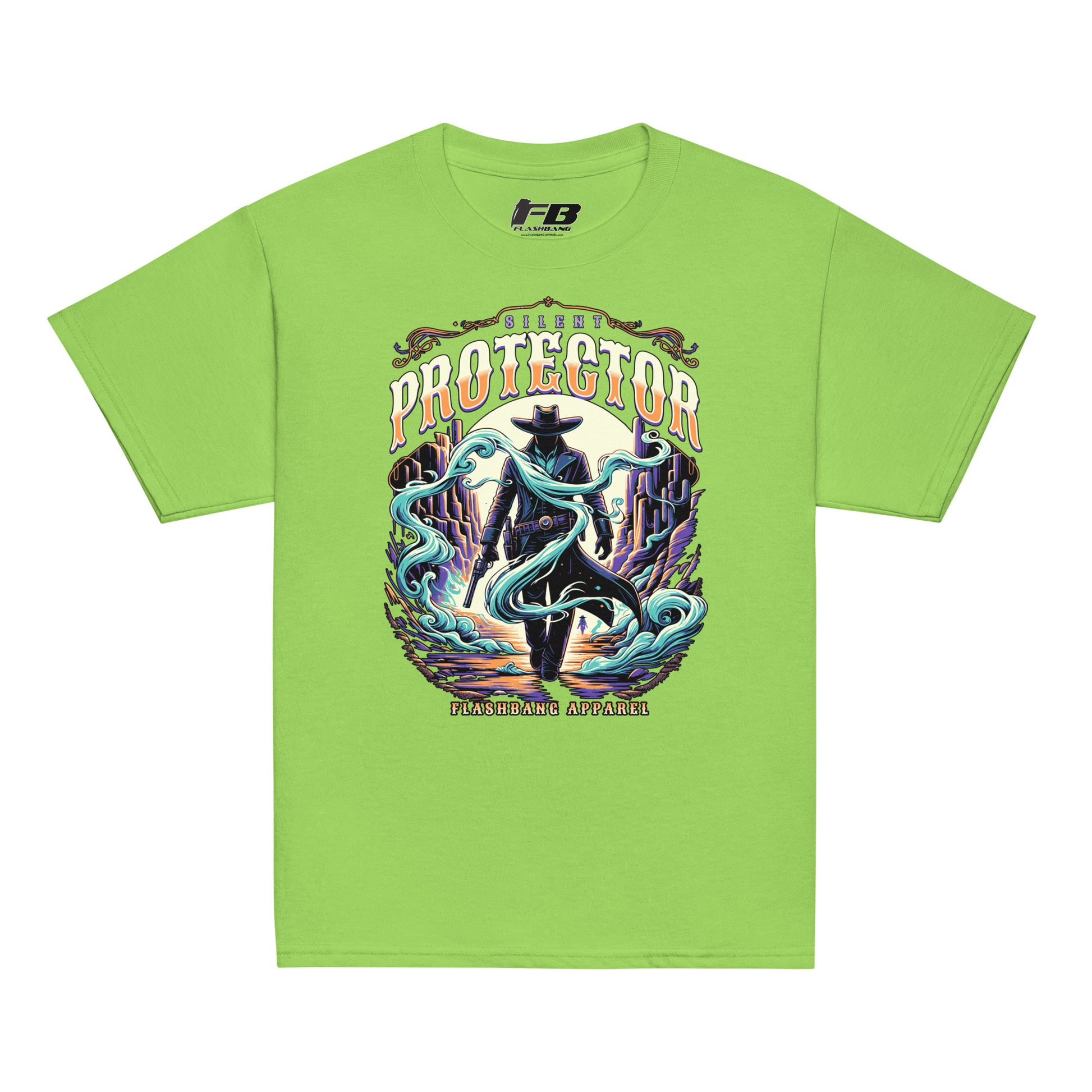 Green t-shirt with a graphic design featuring a cowboy and text on a white background