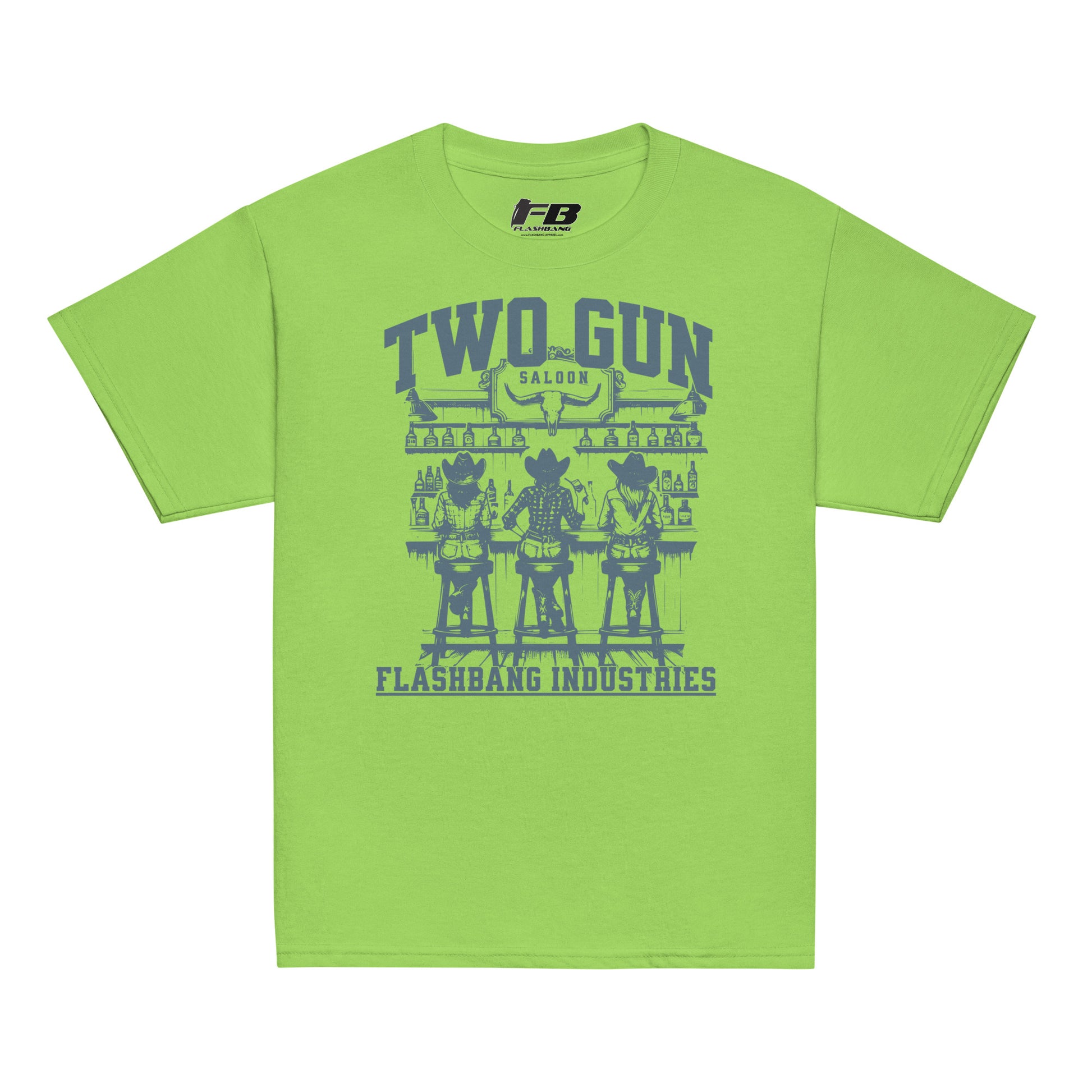 Green t-shirt with graphic design and text on a white background