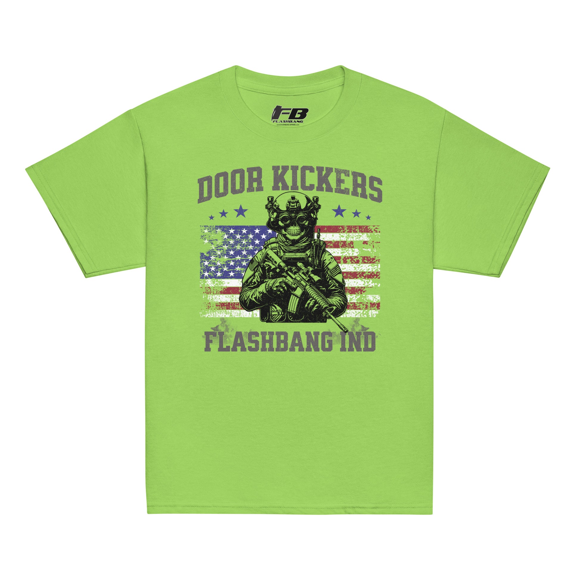 Green t-shirt with graphic design and text on a white background