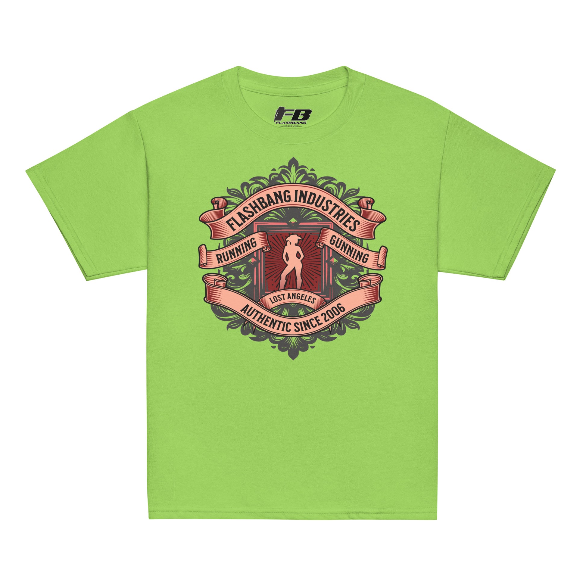 Green t-shirt with graphic design and text on a white background