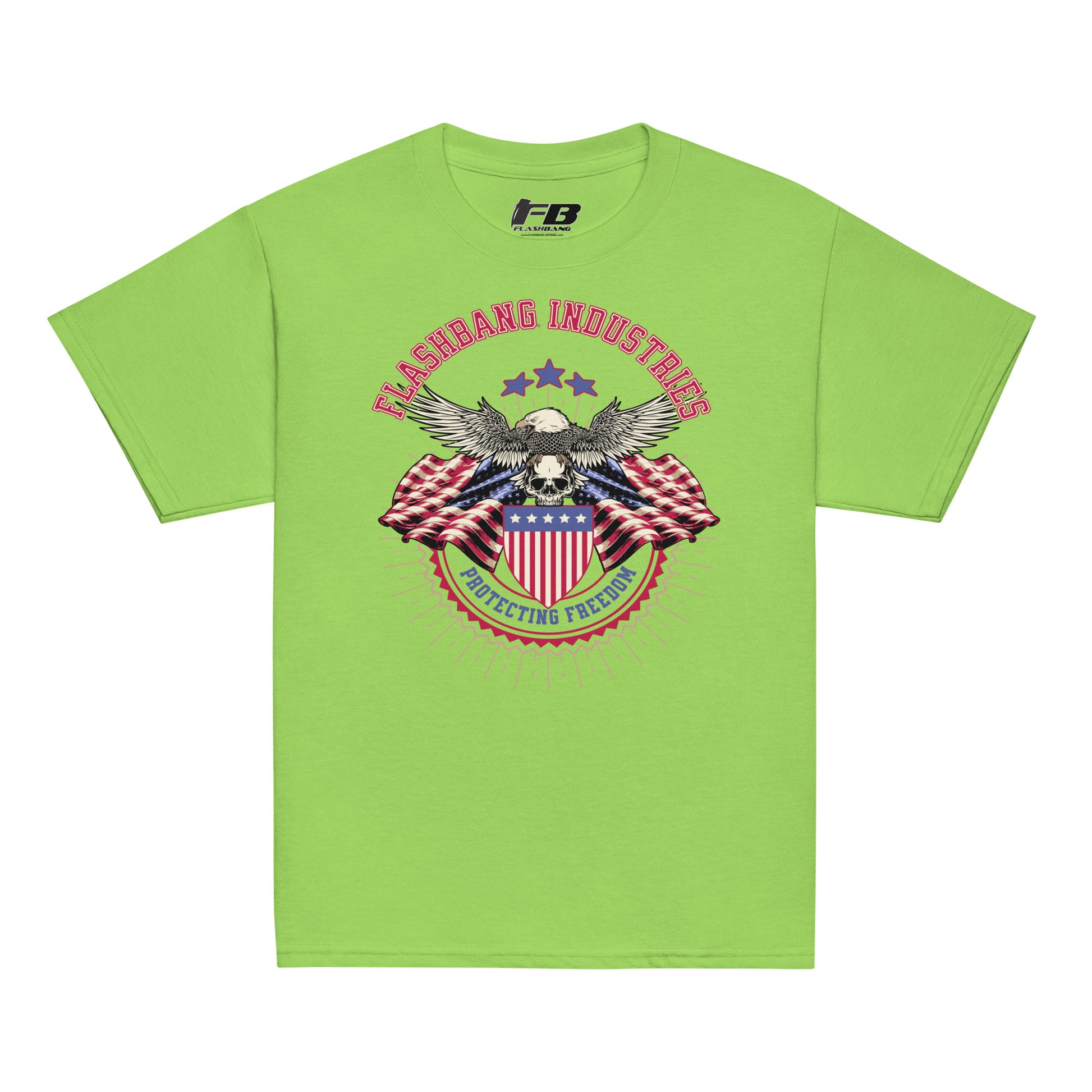 Green t-shirt with an eagle and flag graphic on a white background