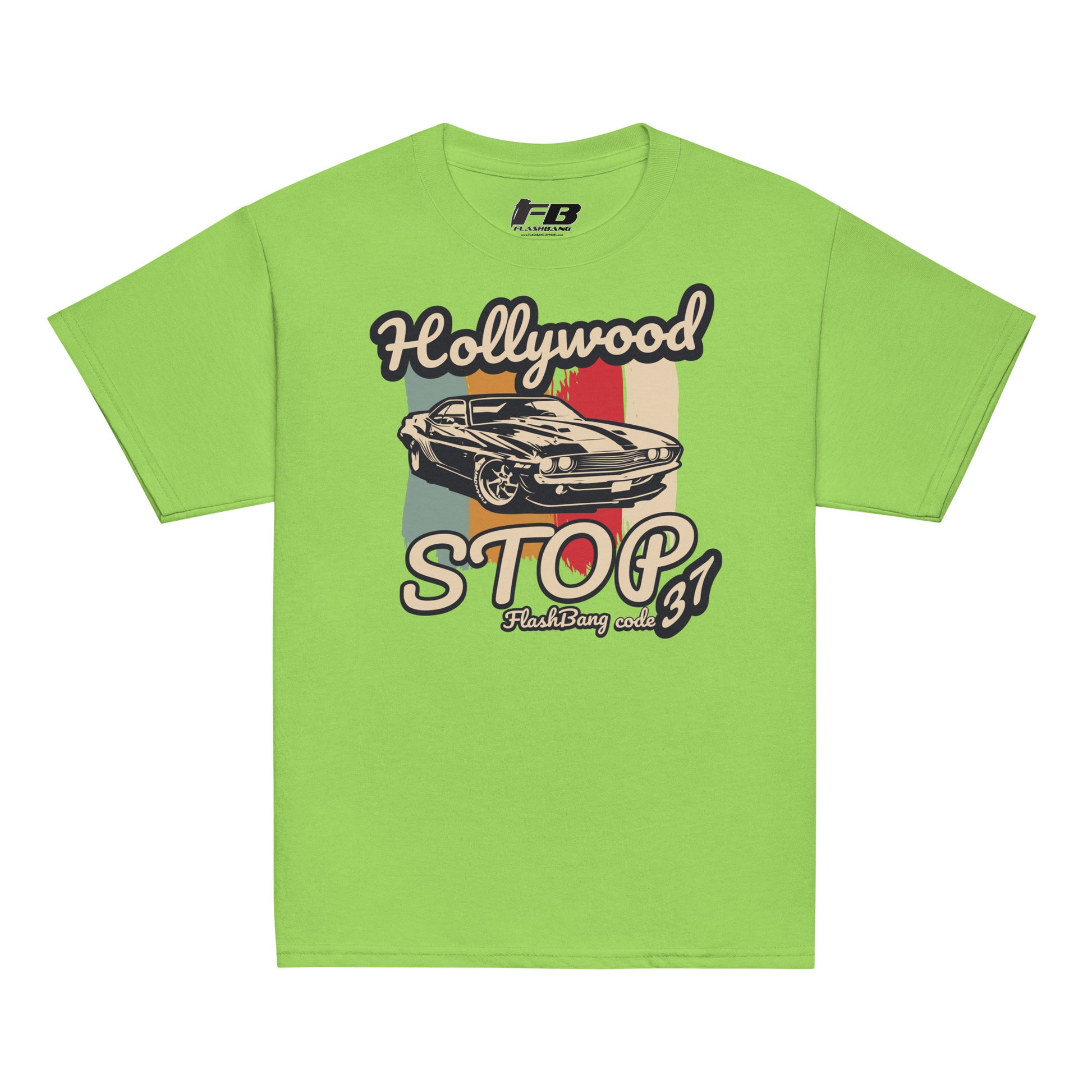 Green t-shirt with a graphic design featuring a car and text on a white background