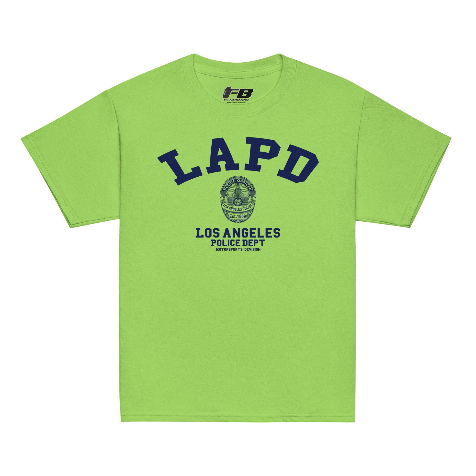 Green t-shirt with LAPD Los Angeles Police Dept text and logo on a white background