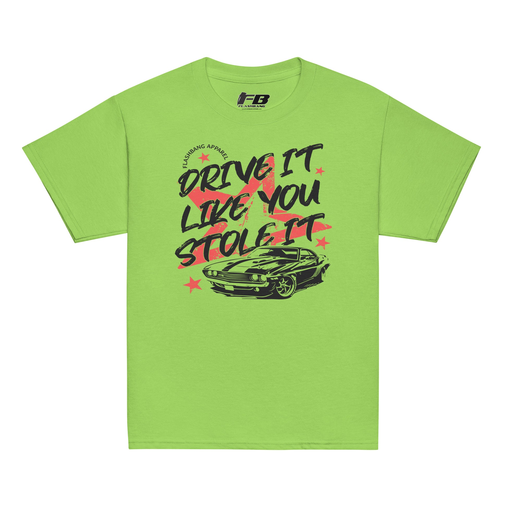 Green t-shirt with car graphic and text on a white background