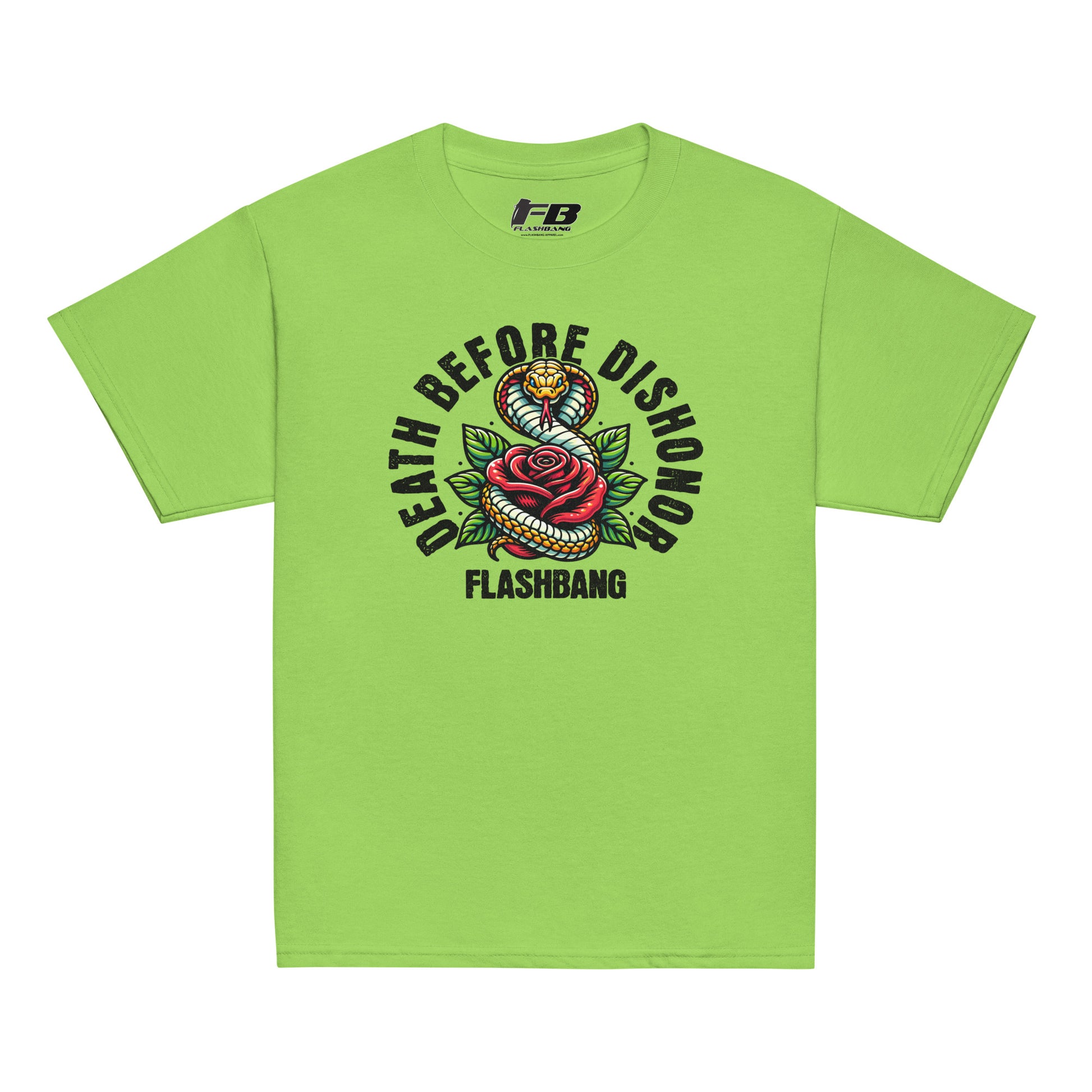 Green t-shirt with 'Death Before Dishonor' graphic design on a white background