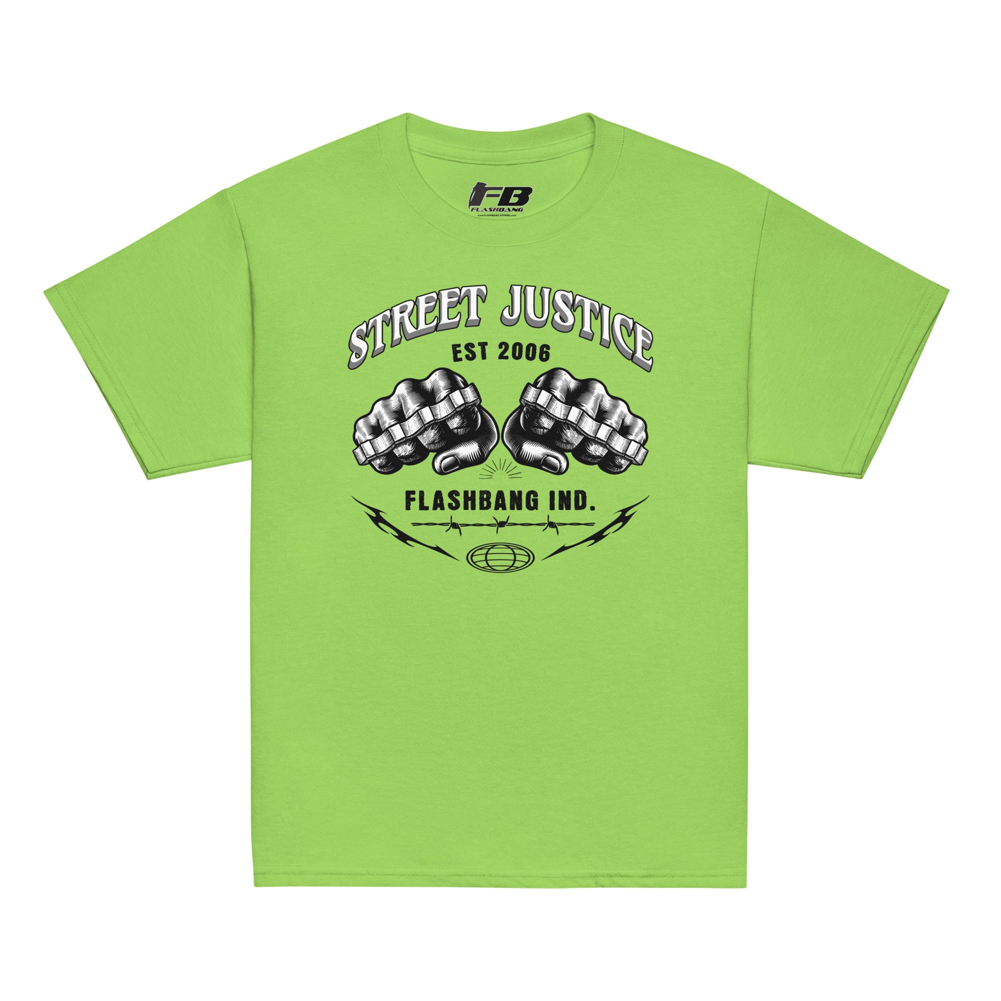Green t-shirt with 'Street Justice' graphic design on a white background