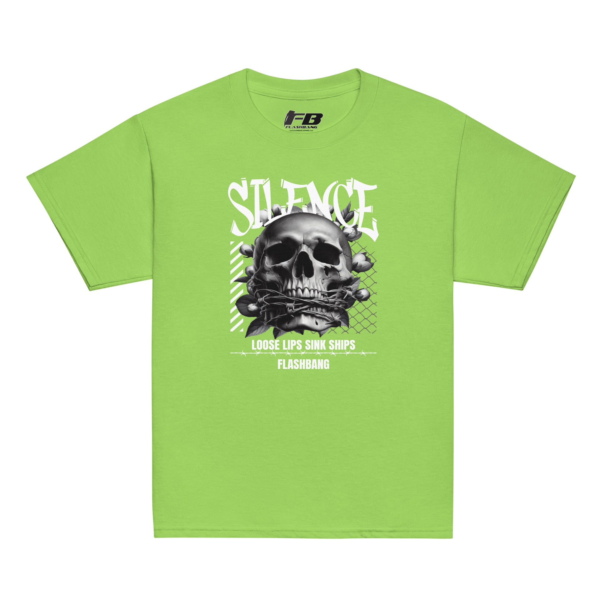 Green t-shirt with a skull graphic and text on a white background