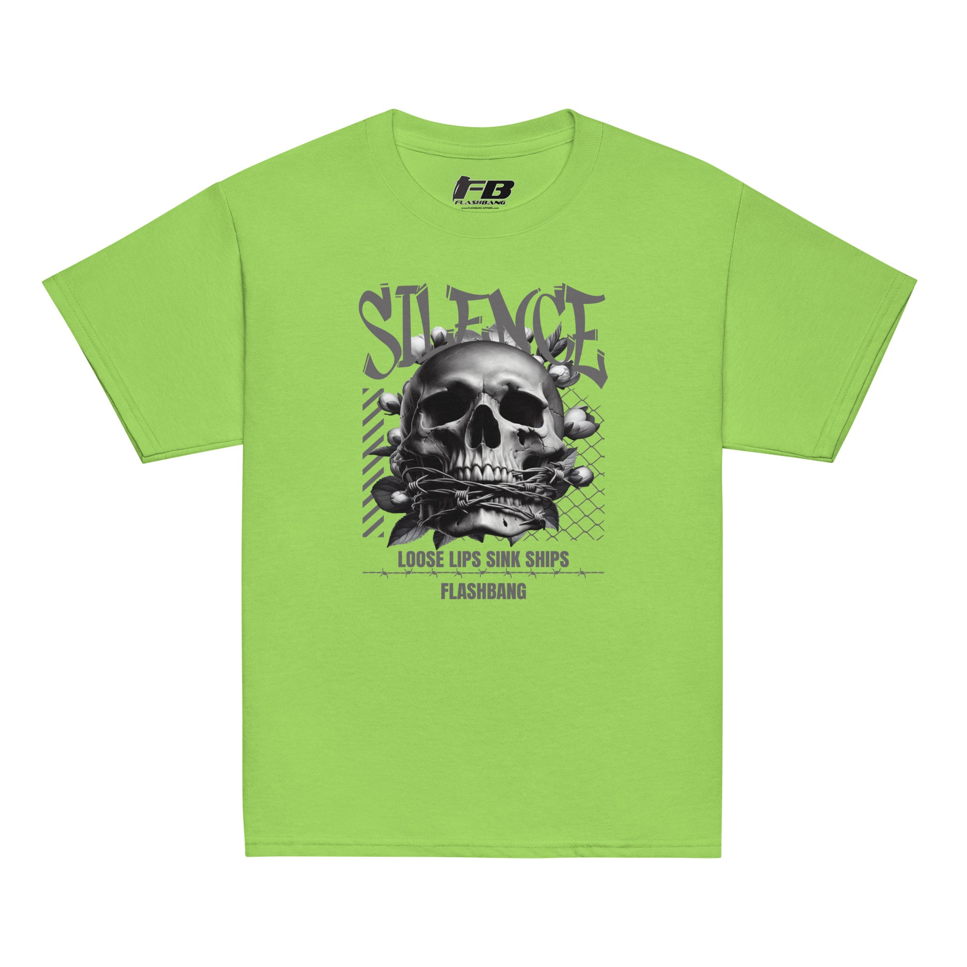 Green t-shirt with a skull graphic and text on a white background
