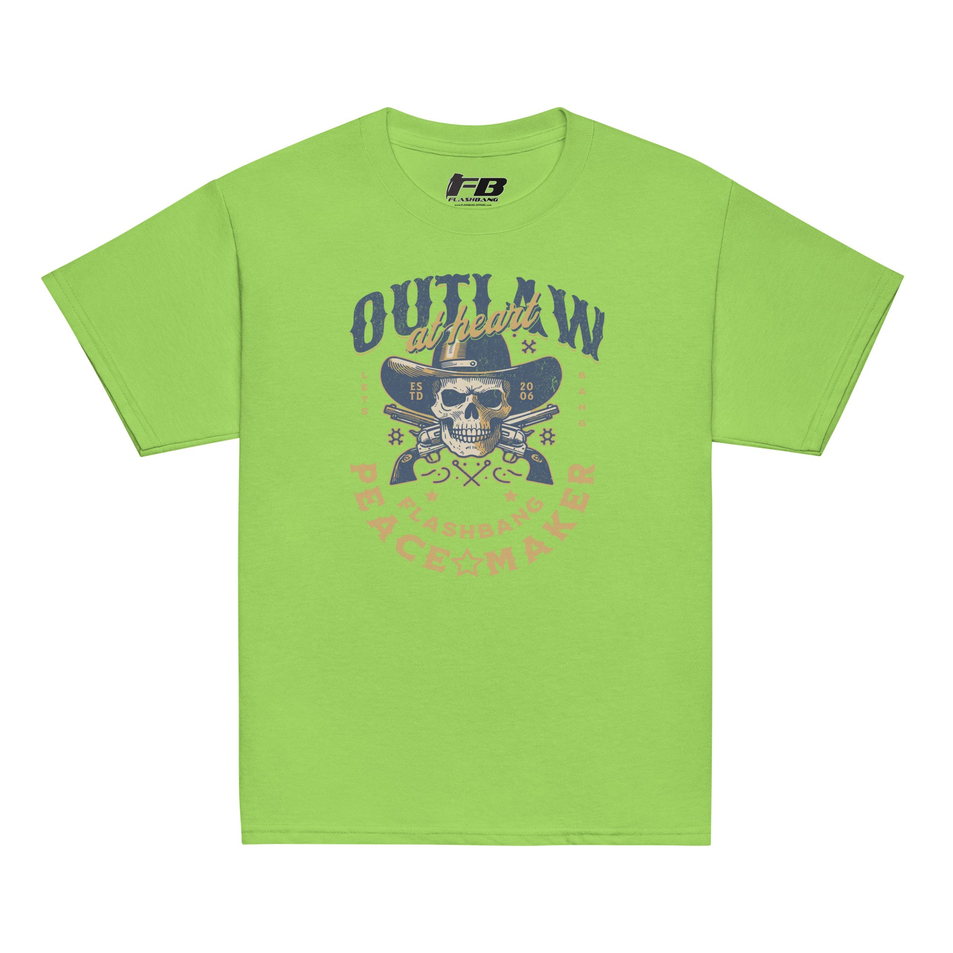 Green t-shirt with skull and crossbones design on a white background