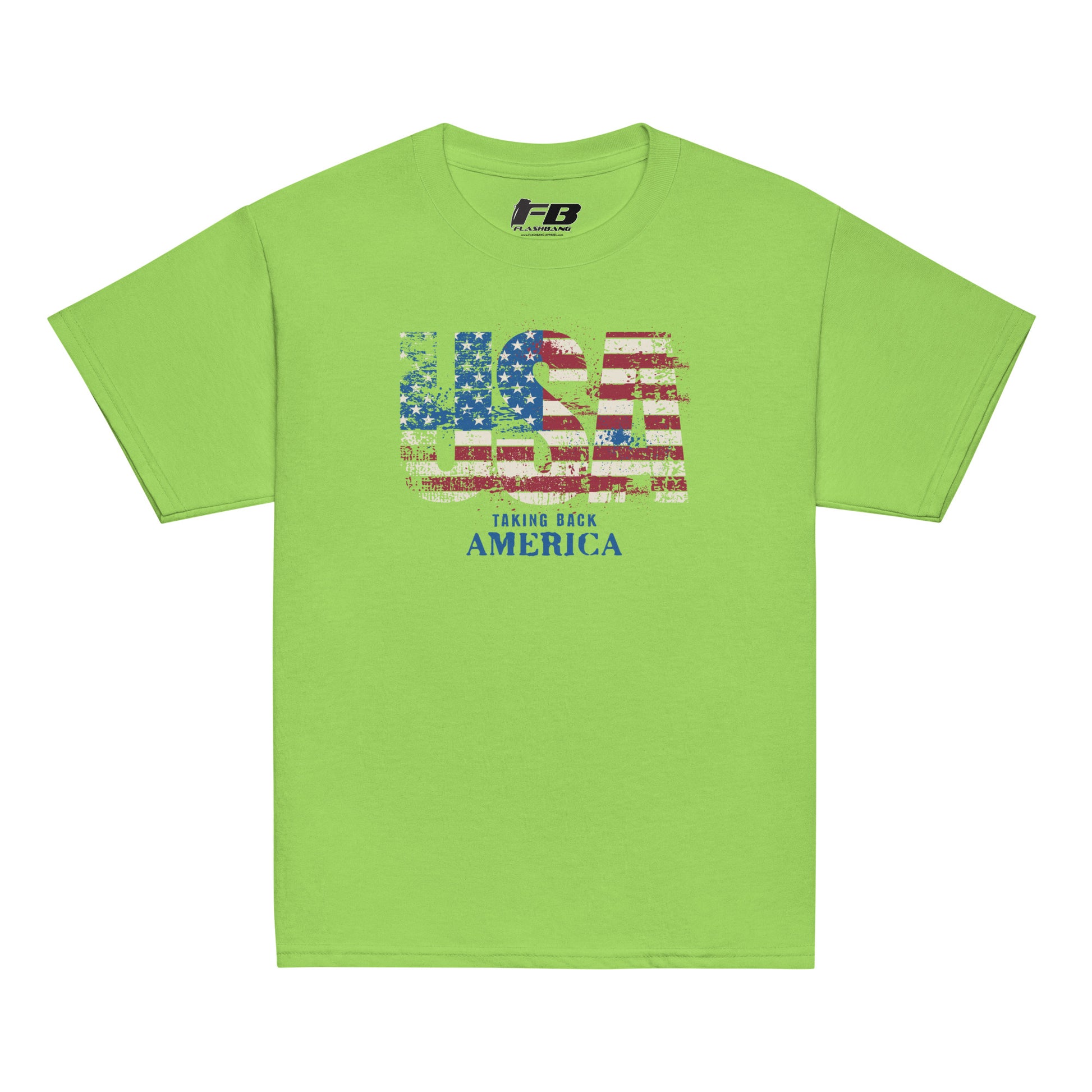 Green t-shirt with 'USA Taking Back America' graphic on a white background