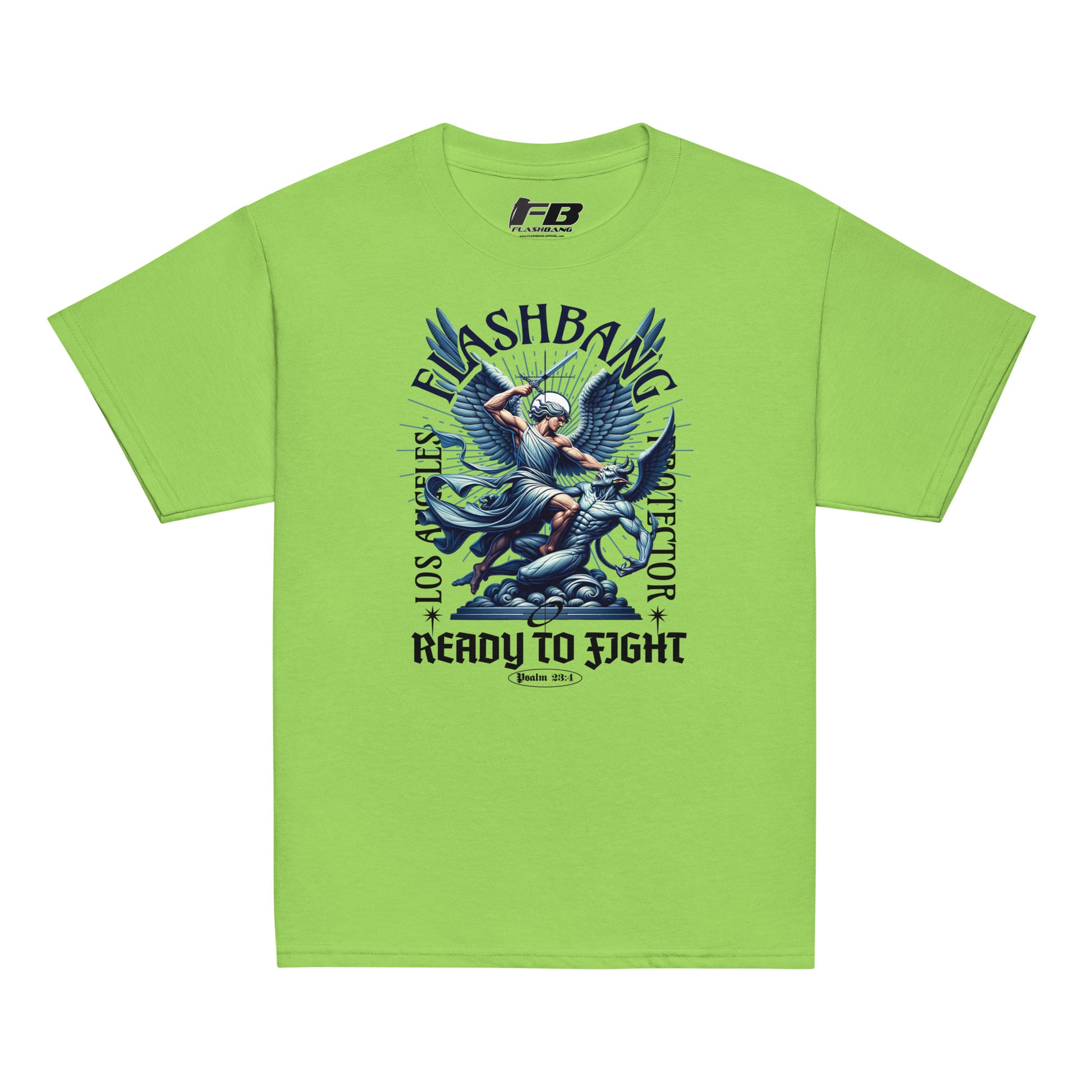 Green t-shirt with graphic design and text on a white background