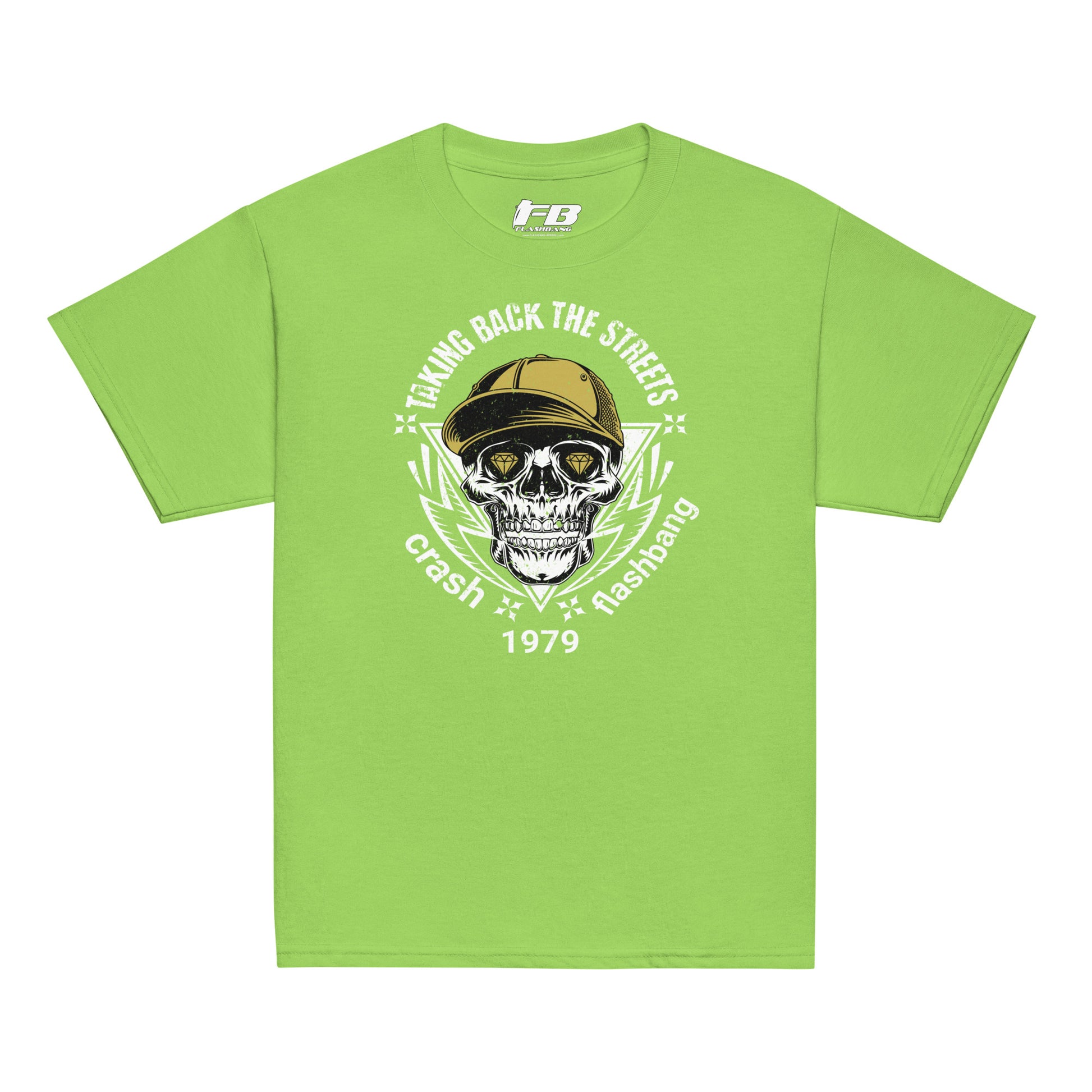 Green t-shirt with skull and cap graphic on a white background