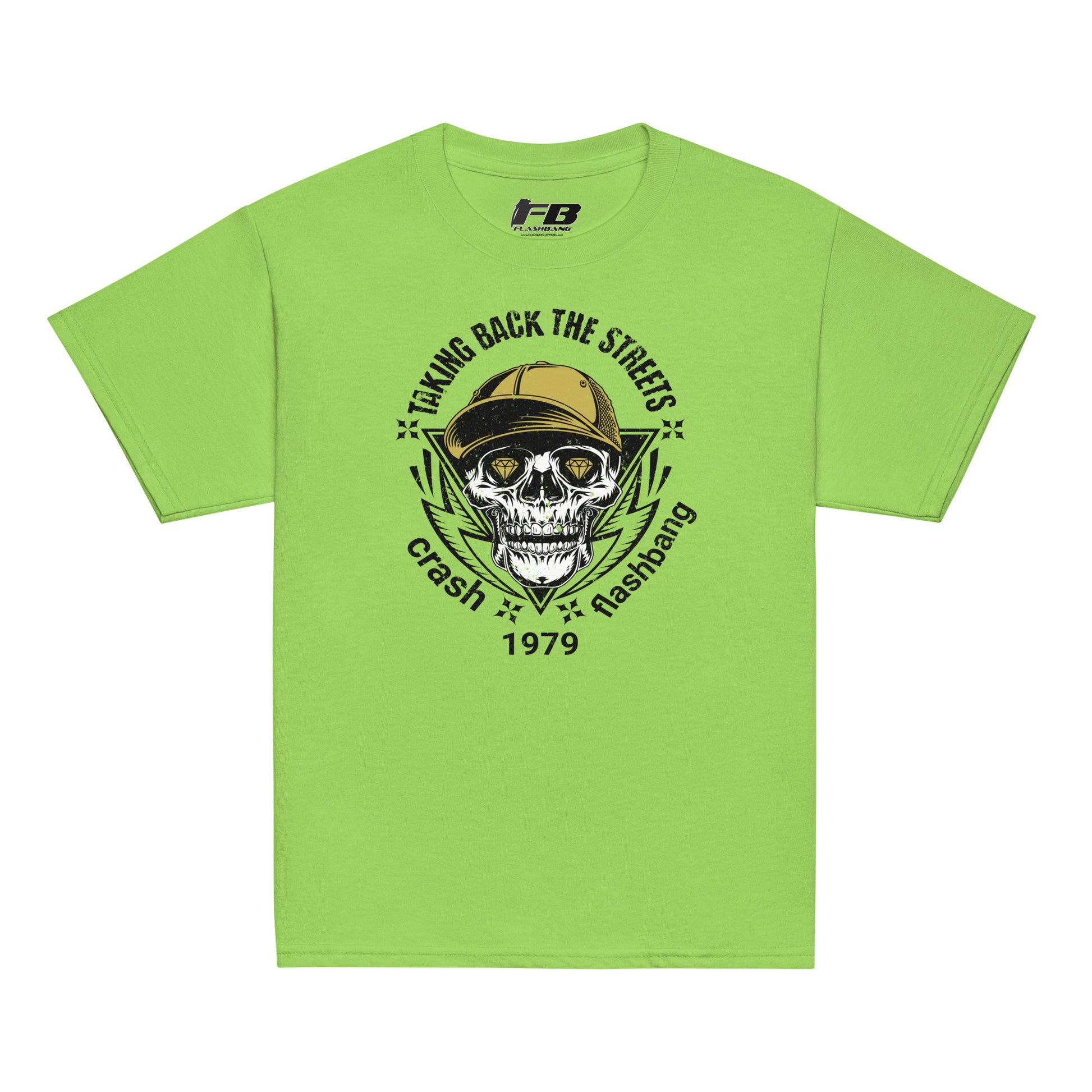 Green t-shirt with skull graphic and text on a white background