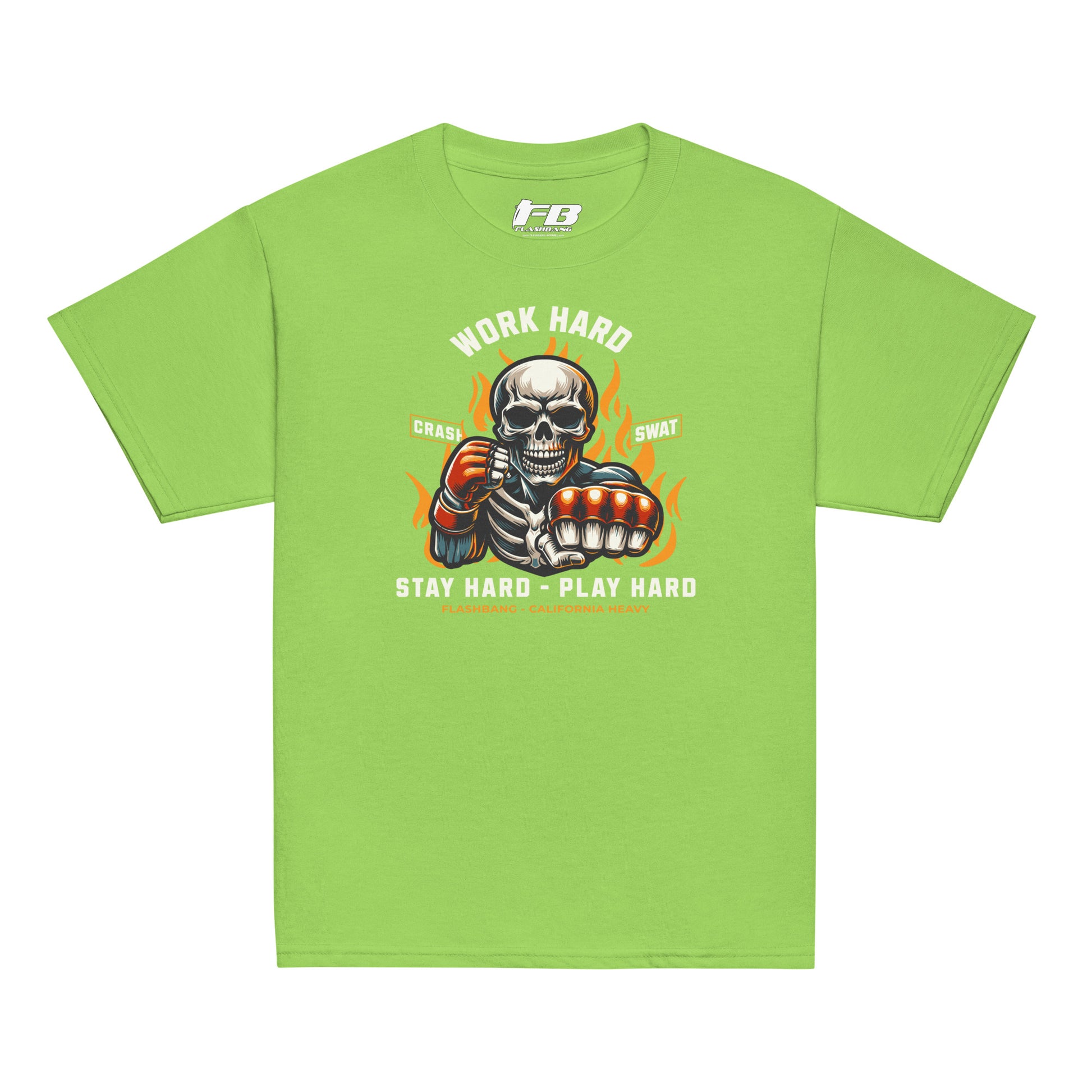 Green t-shirt with a graphic design featuring a skeleton and text on a white background