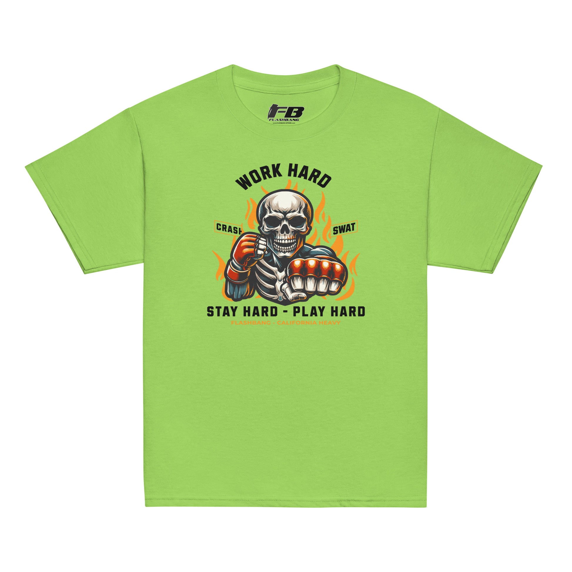 Green t-shirt with a graphic design featuring a skull and text on a white background