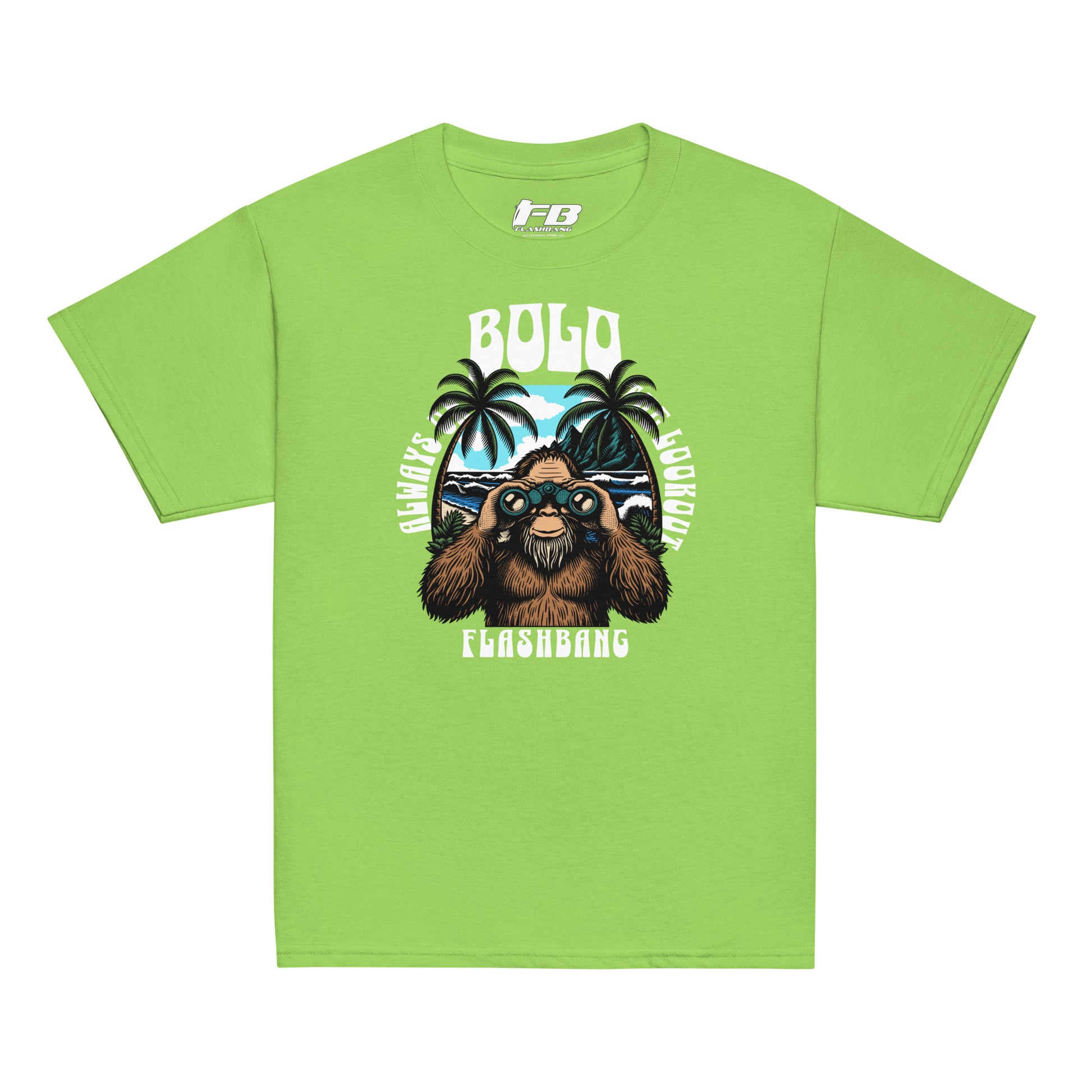Green t-shirt with a graphic of a sloth and palm trees on a white background