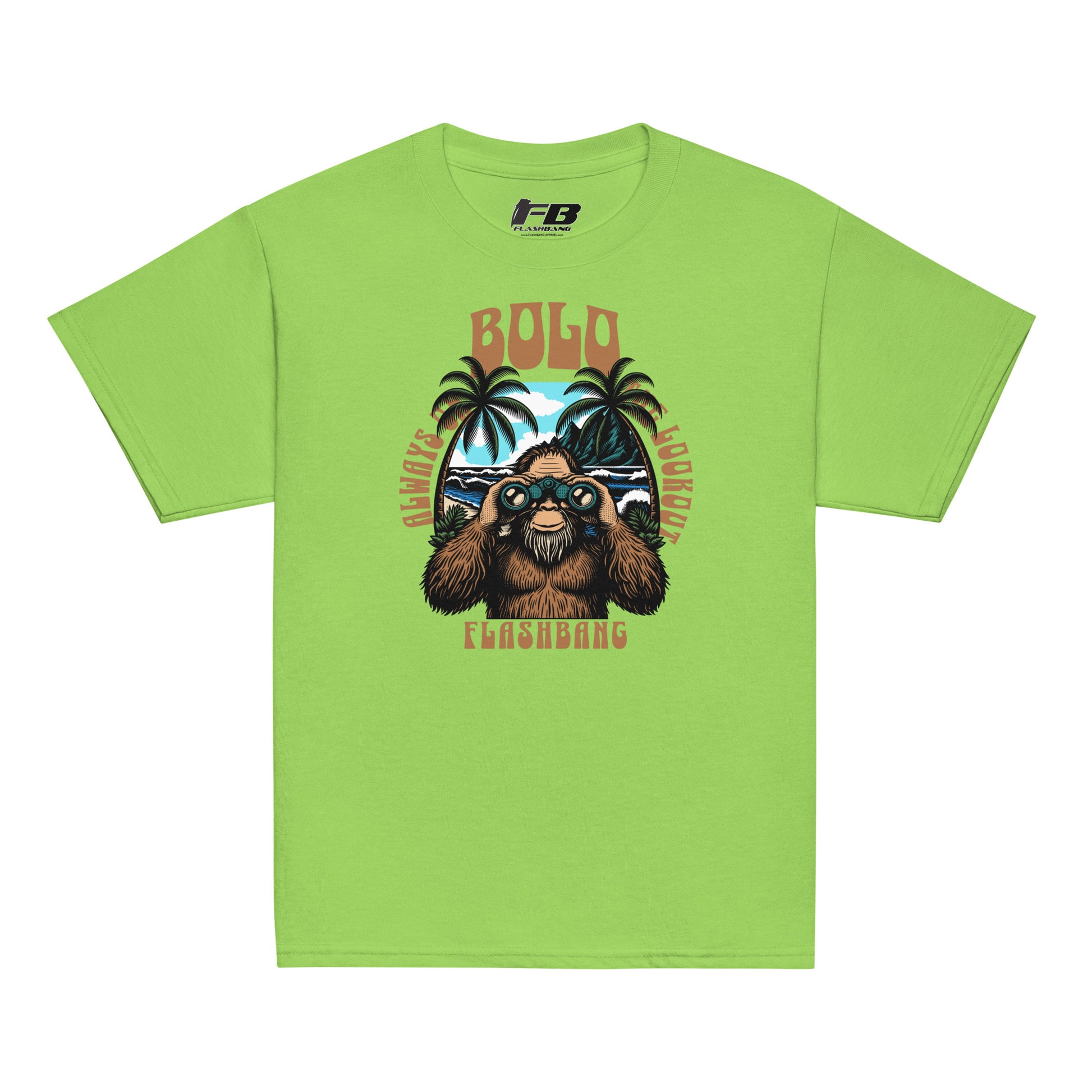 Green t-shirt with a graphic of a sloth and palm trees on a white background
