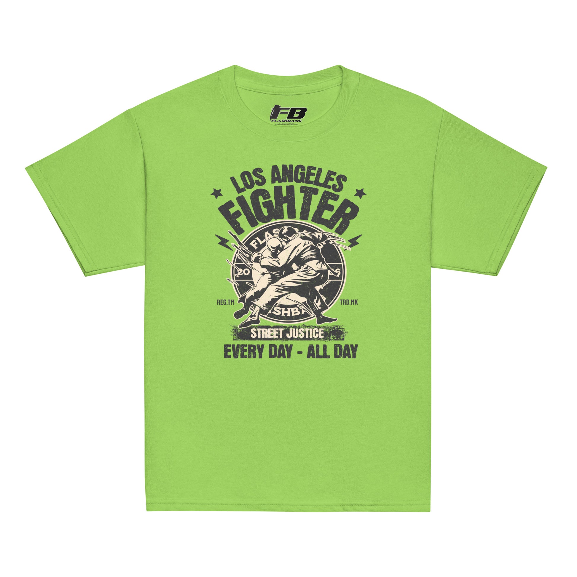 Green t-shirt with 'Los Angeles Fighter' graphic design on a white background